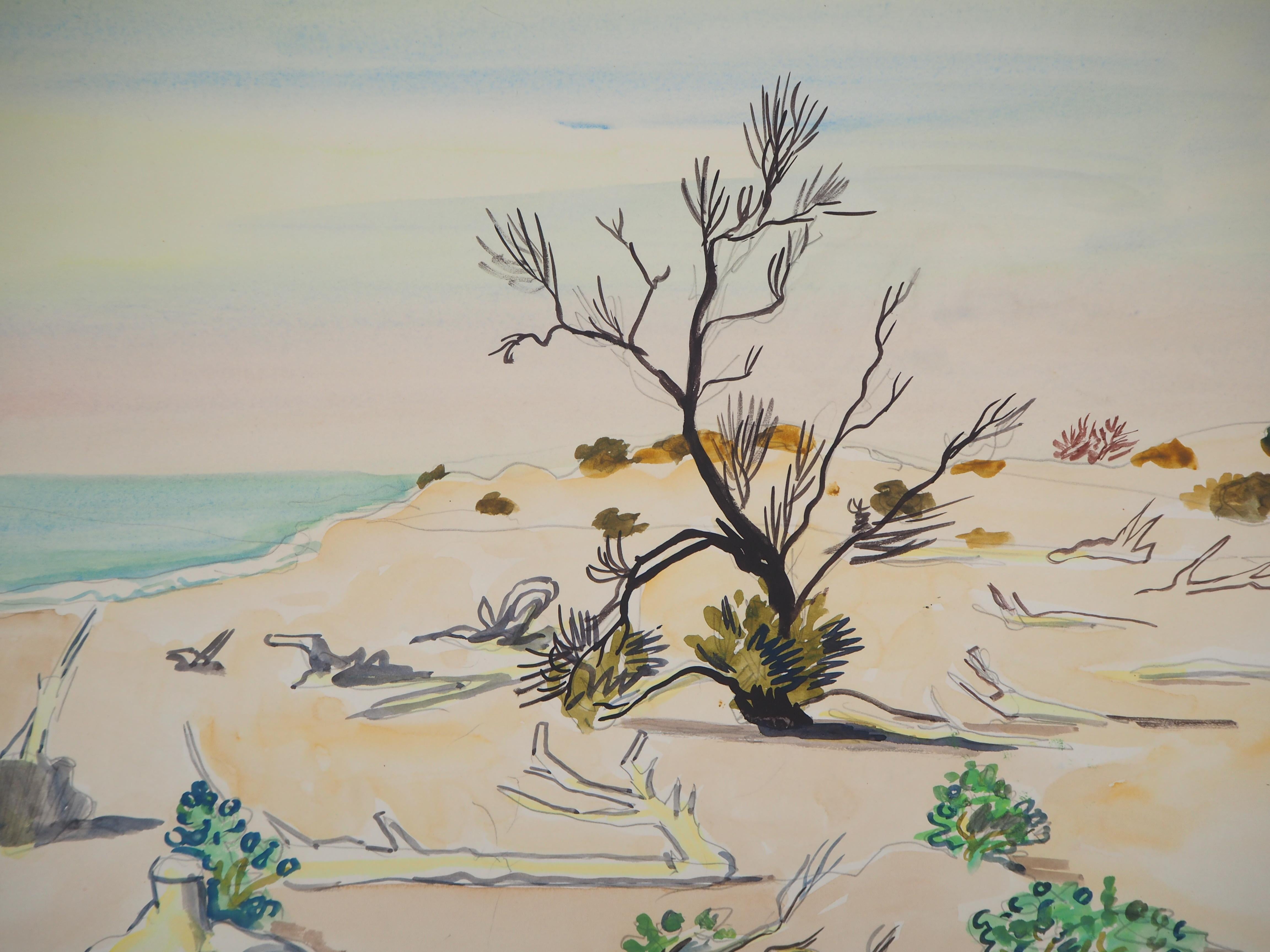 Nature : Wild Beach - Original watercolor, Handsigned - Modern Art by Yves Brayer