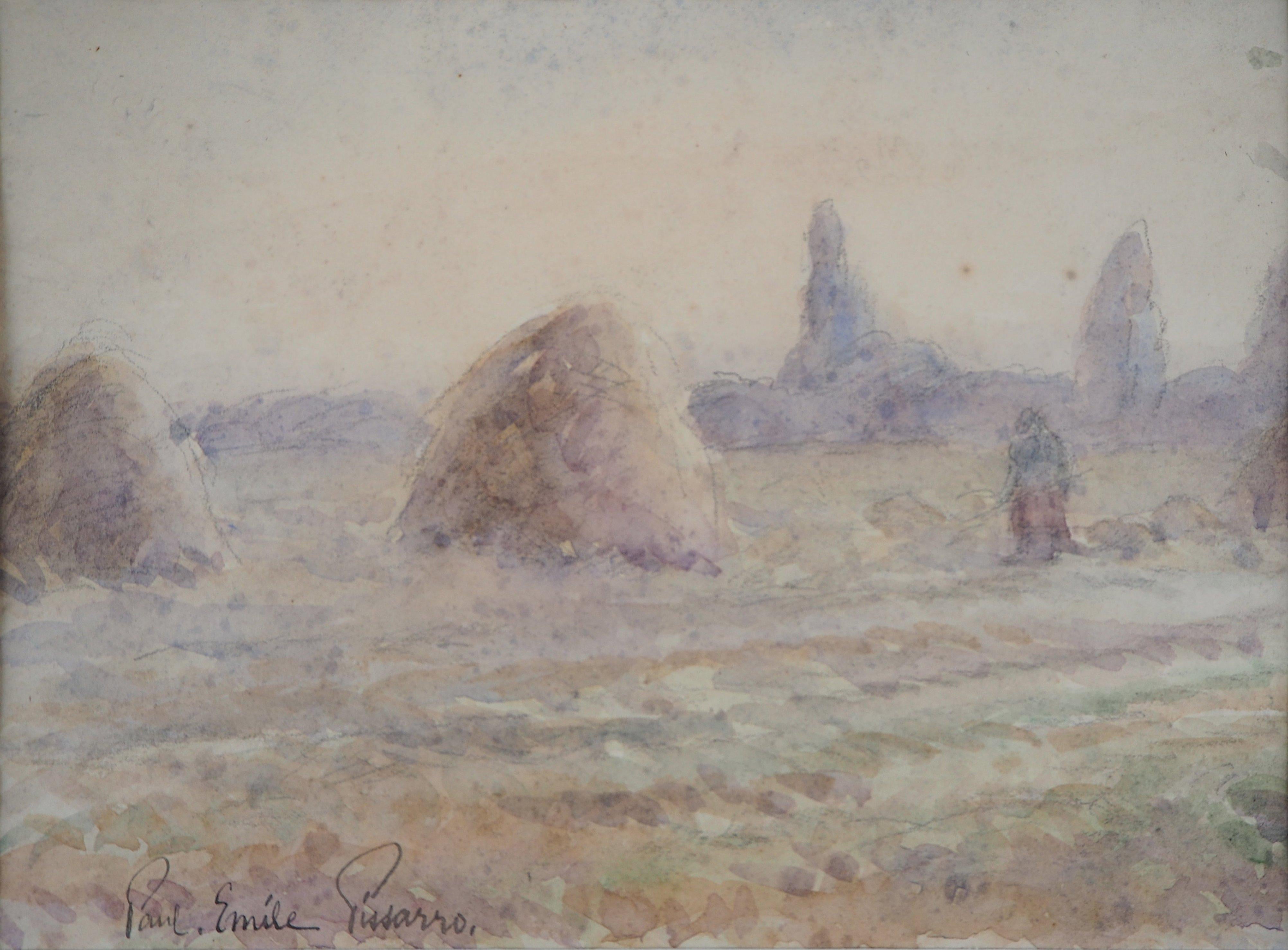 Tribute to Monet : Haystacks and Harvest - Original watercolor painting - Signed - Impressionist Art by Paul Emile Pissarro