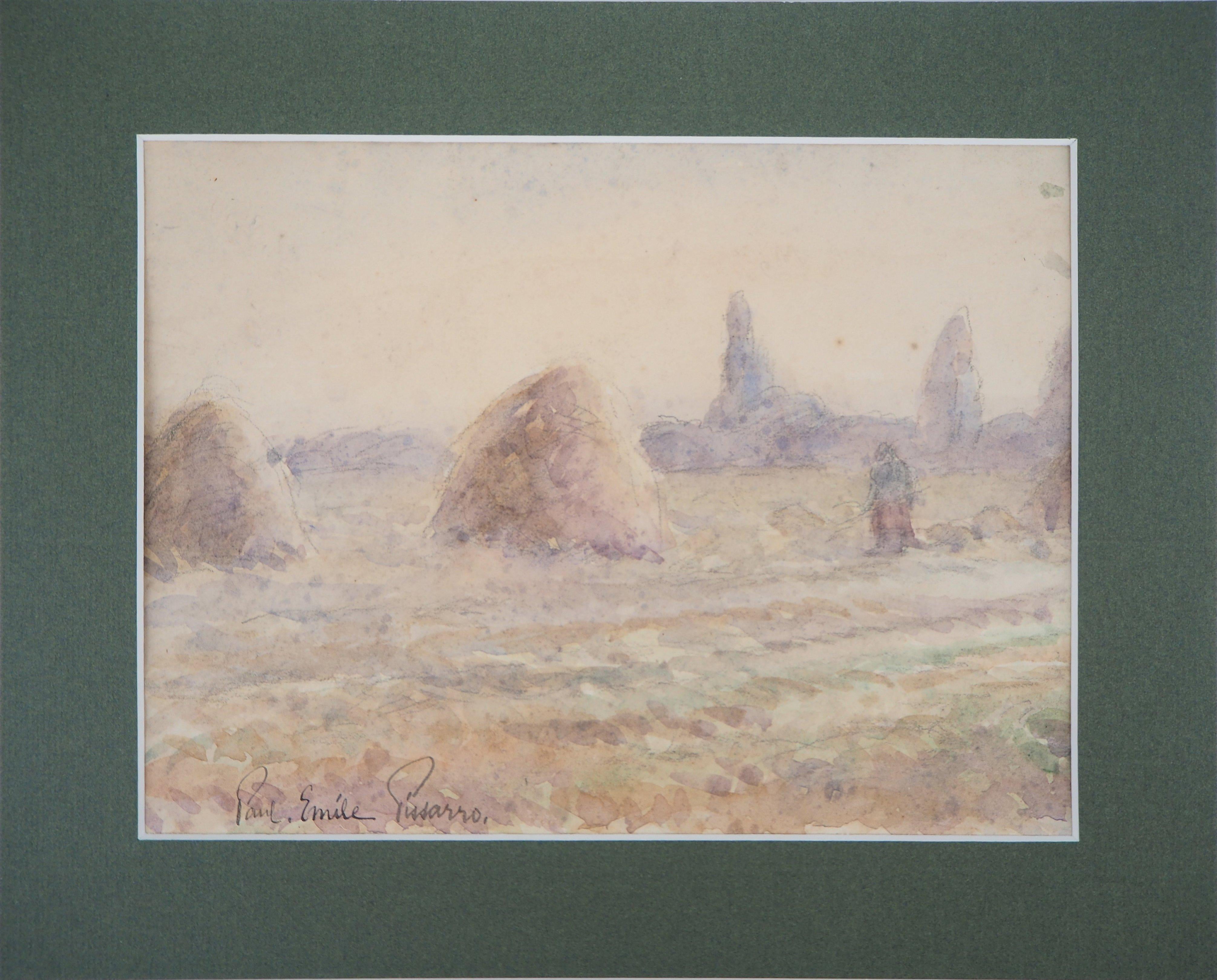 Paul Emile Pissarro Landscape Art - Tribute to Monet : Haystacks and Harvest - Original watercolor painting - Signed