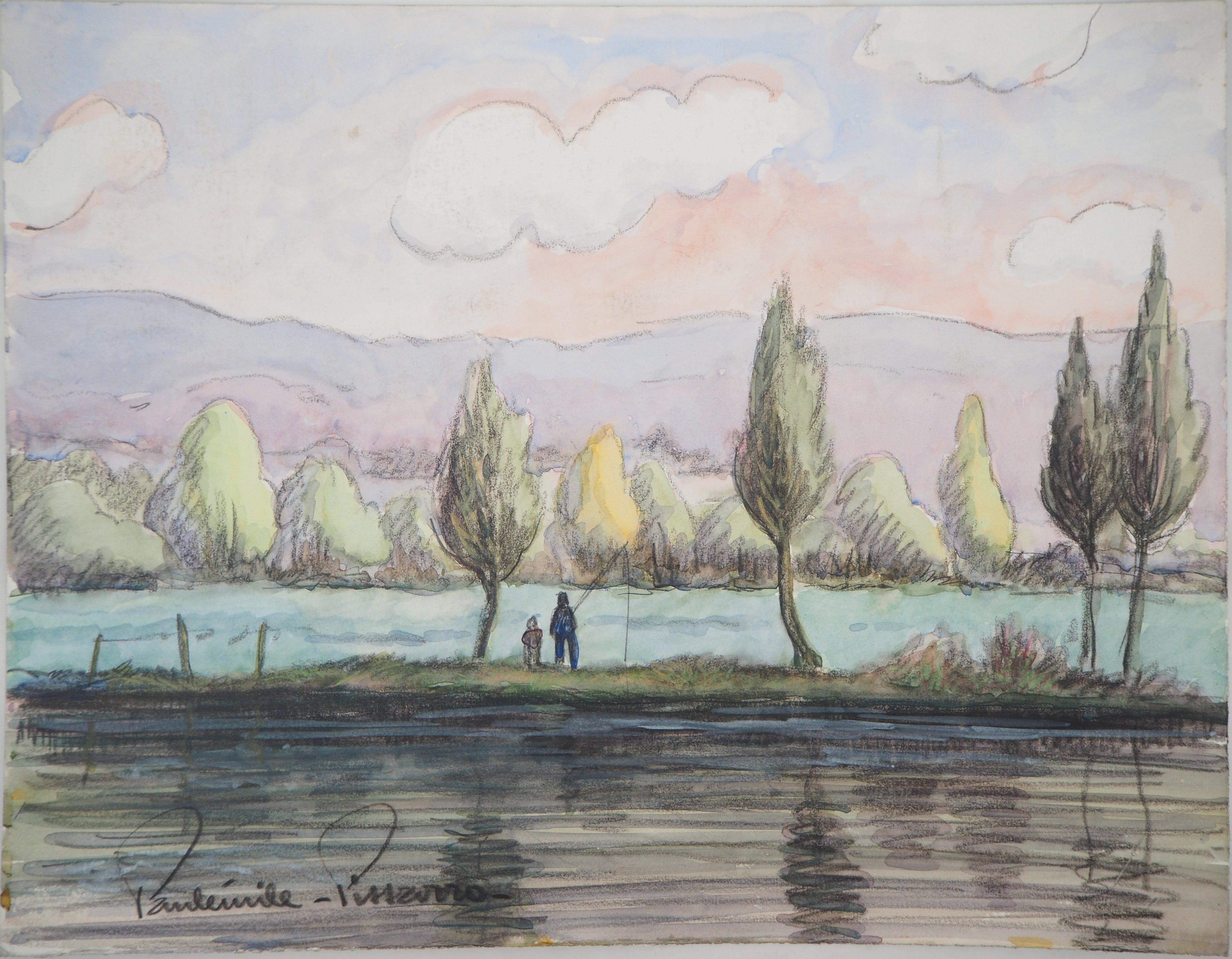 Paul Emile Pissarro Landscape Art - Father and Son Fishing in the Morning - Original watercolor painting - Signed
