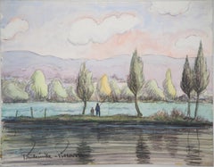 Père et fils pêchent au petit-déjeuner - peinture à l'aquarelle originale, signée