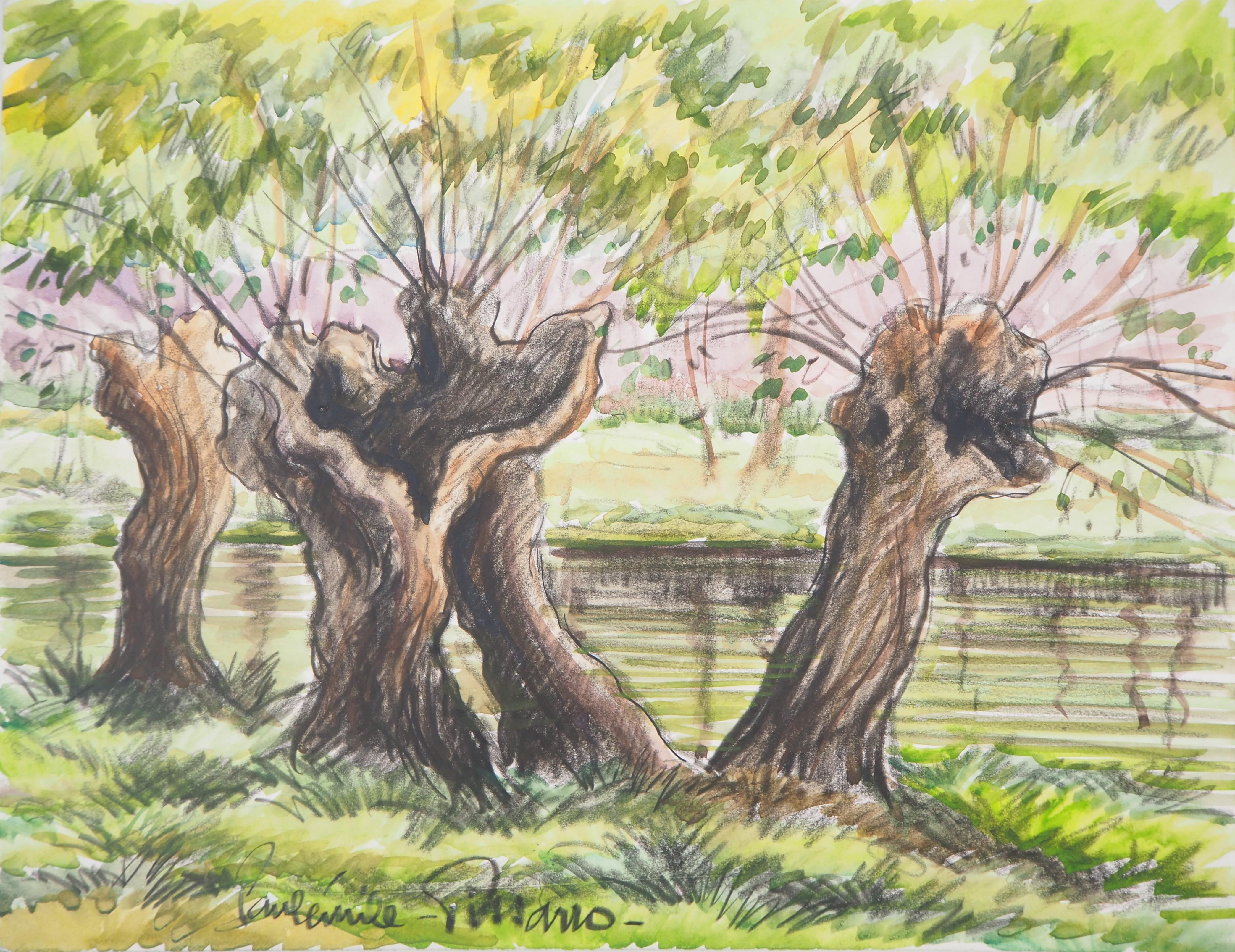 Paul Emile Pissarro Landscape Art - Old Trees near a Canal - Original watercolor painting - Signed
