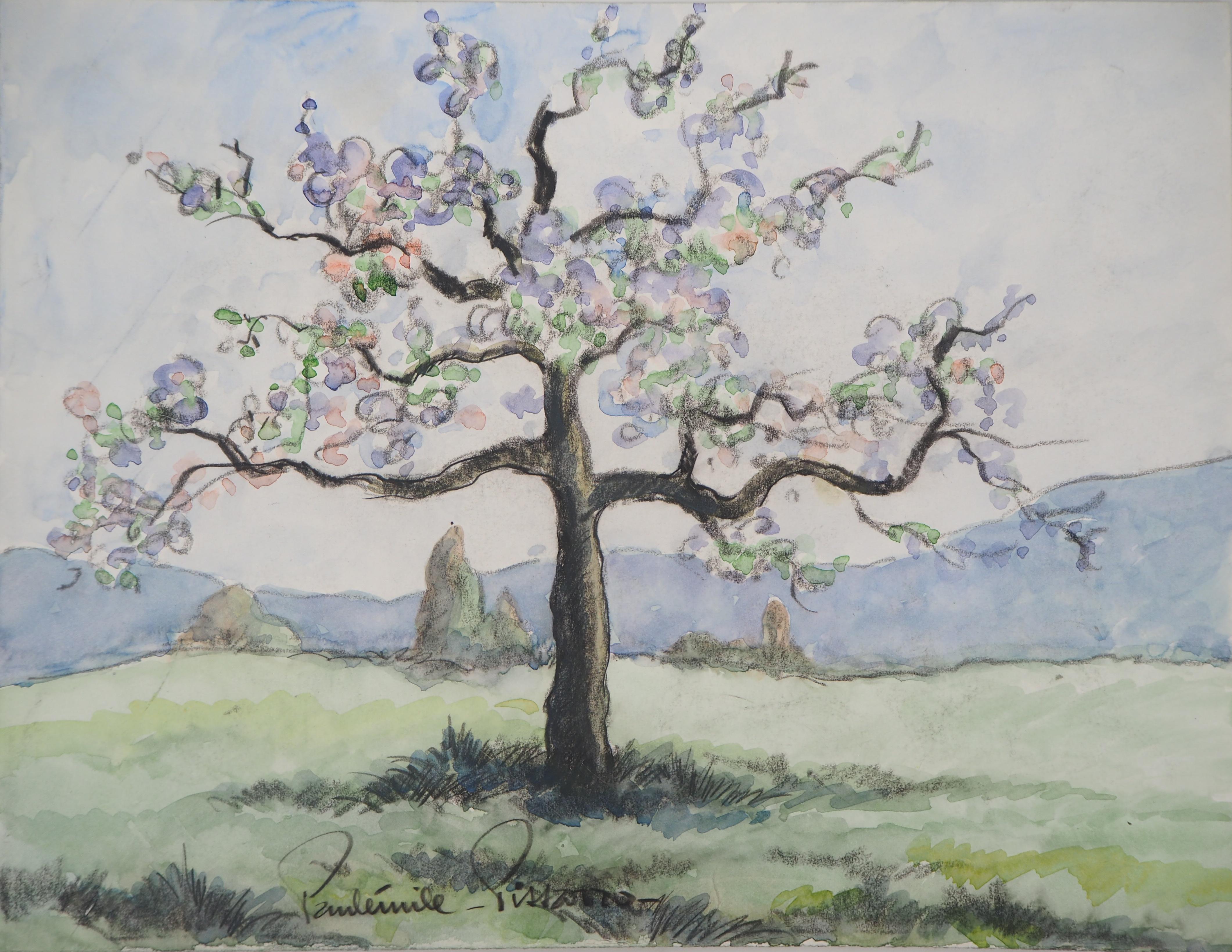 Paul Emile Pissarro Landscape Art - Normandy : Tall Apple Tree in Blossom - Original watercolor painting - Signed