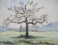 Normandy : Großer Apfelbaum in Blüte - Original Aquarellgemälde - Signiert