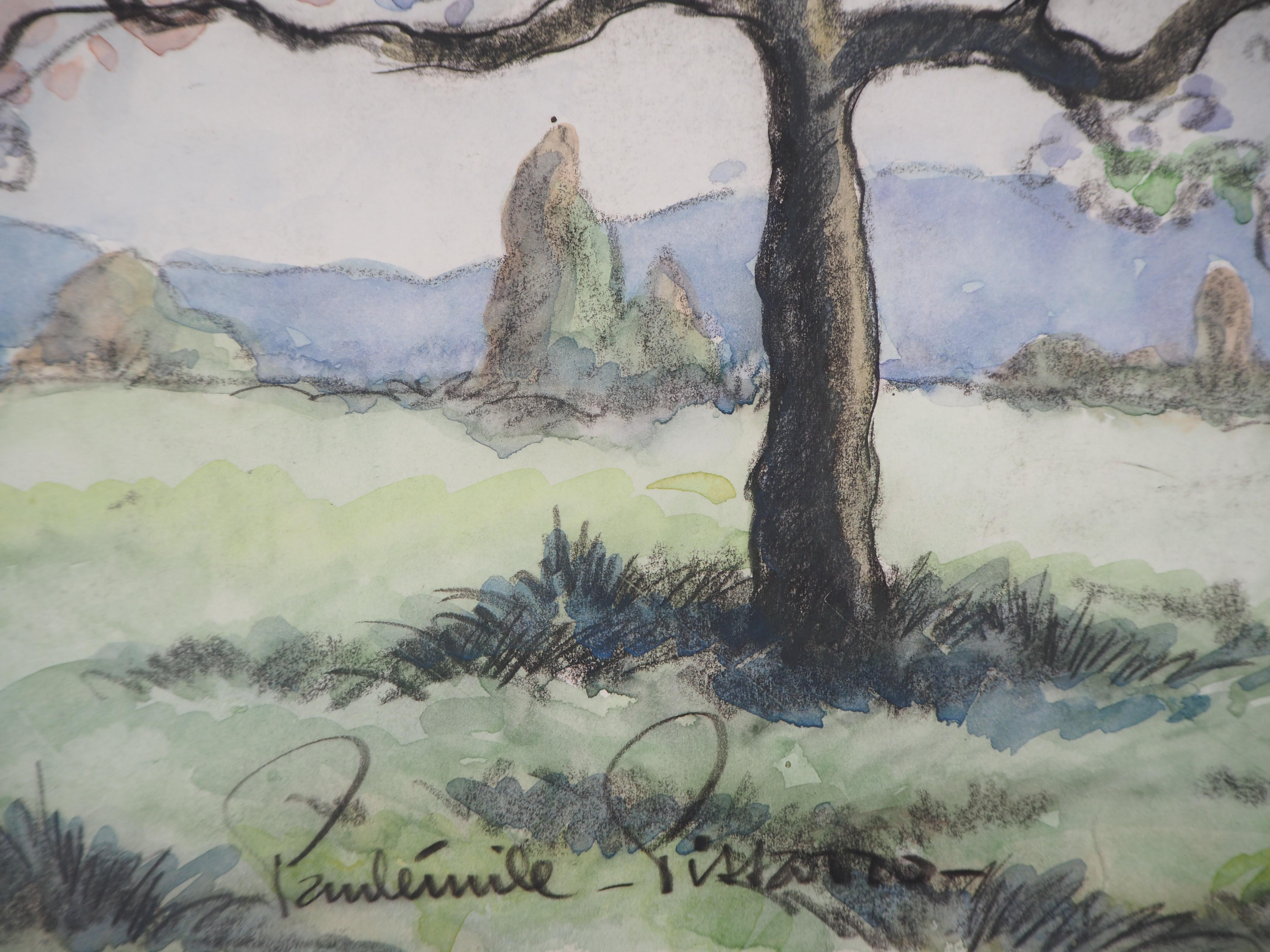 Normandy : Tall Apple Tree in Blossom - Original watercolor painting - Signed - Art by Paul Emile Pissarro