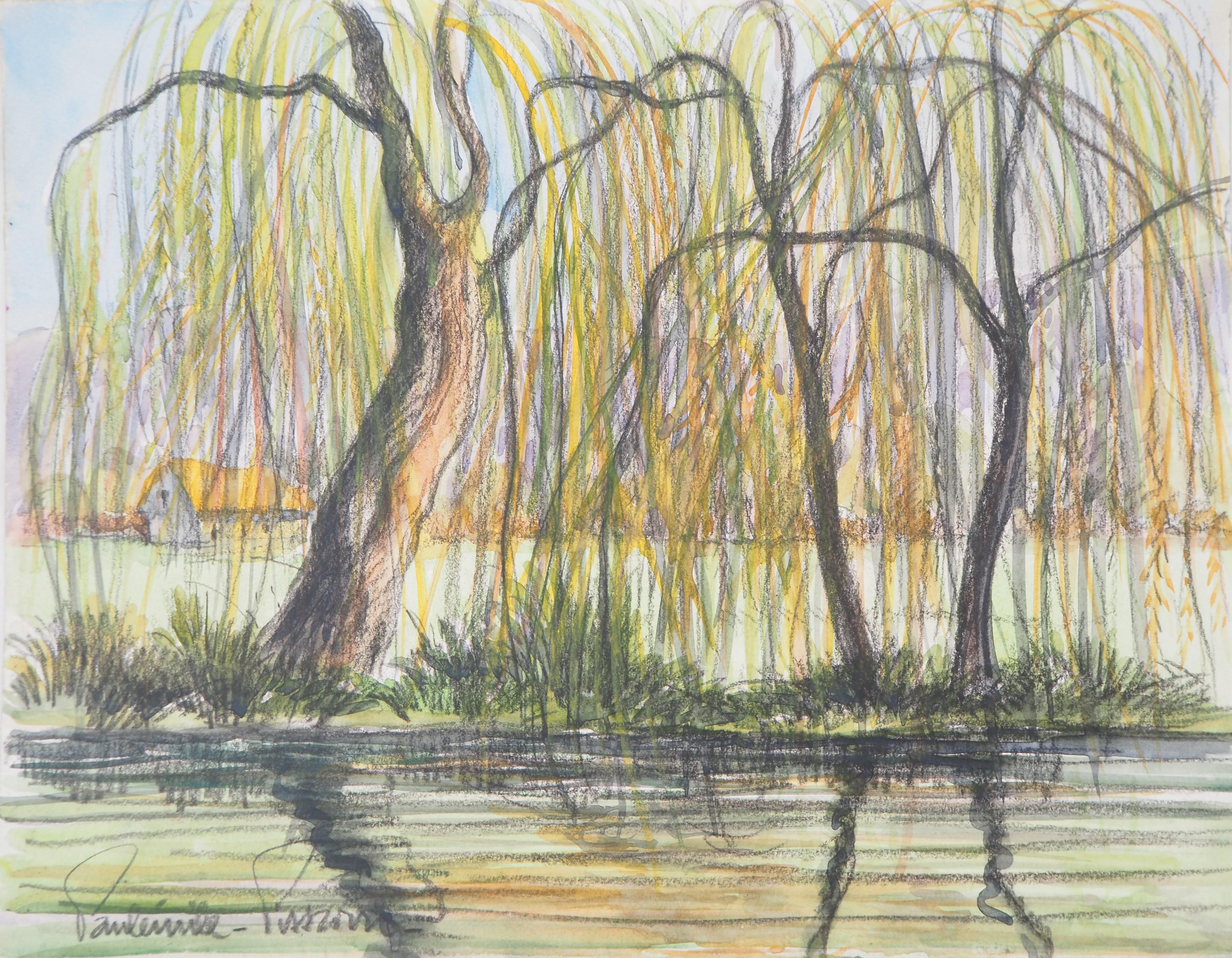 Paul Emile Pissarro Landscape Art – The Cottage and the Weeping Willows – Original-Aquarellgemälde – signiert