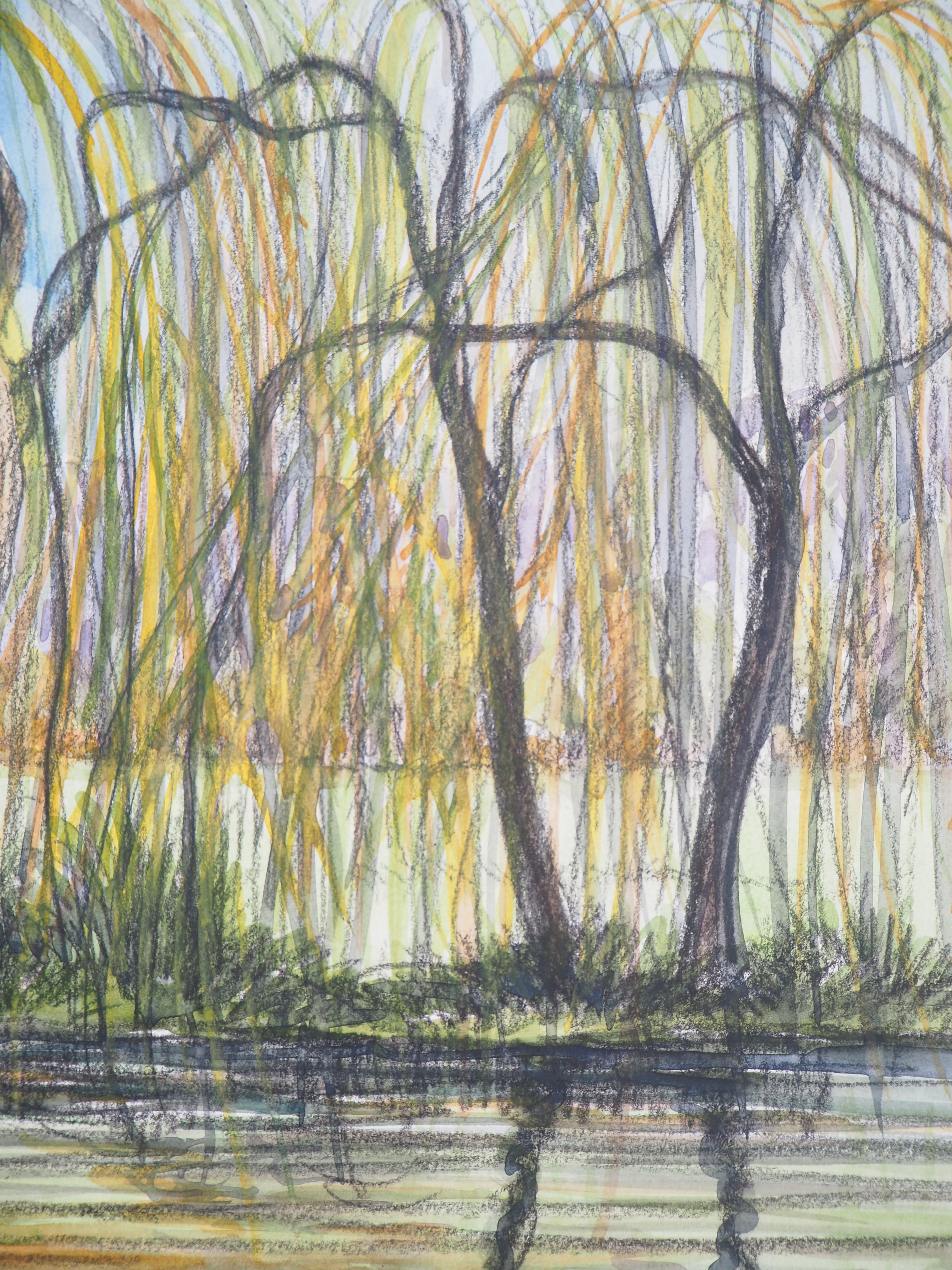 The Cottage and the Weeping Willows – Original-Aquarellgemälde – signiert 1