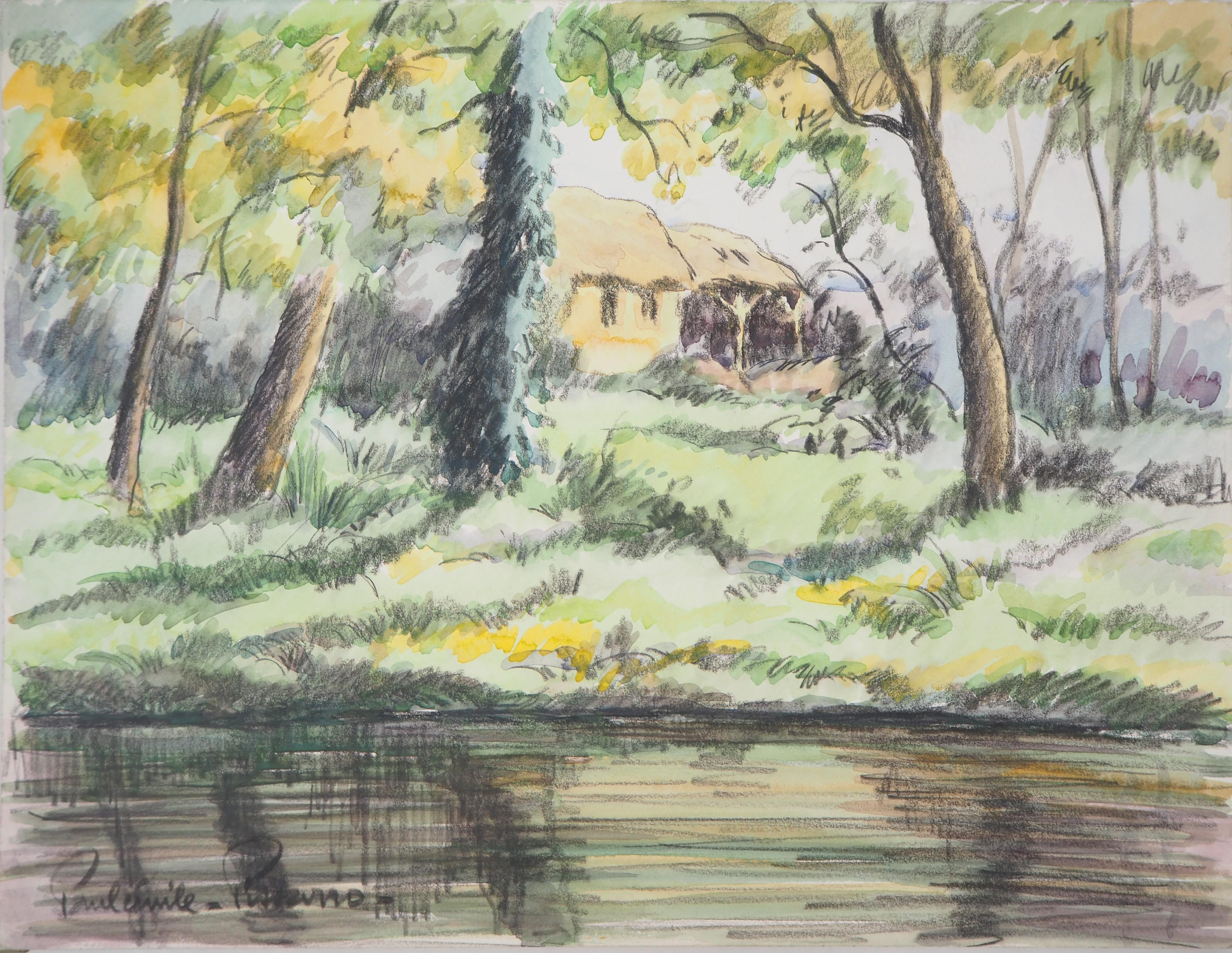 Paul Emile Pissarro Landscape Art - The Cottage in the Woods - Original watercolor painting - Signed
