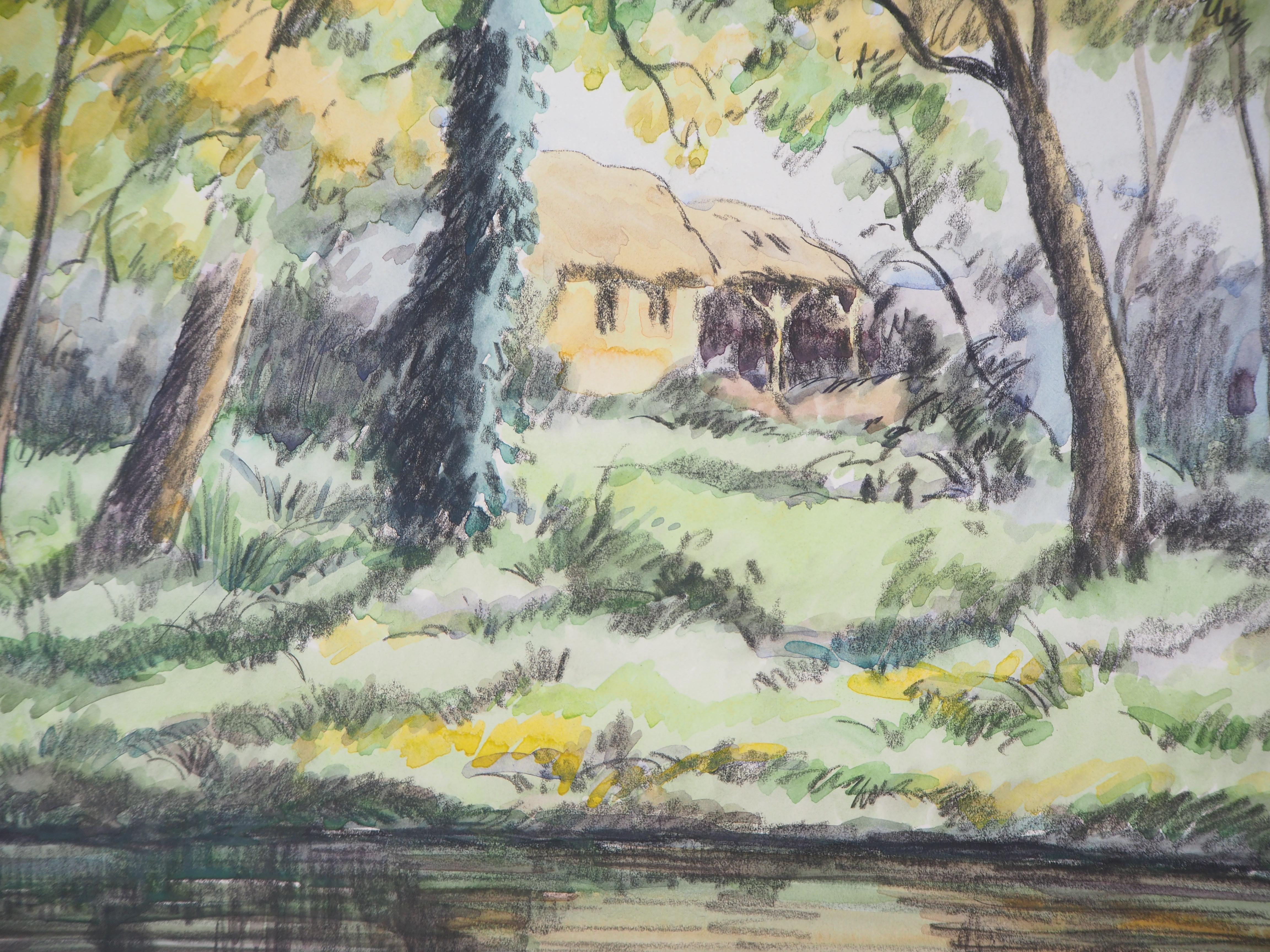 The Cottage in the Woods - Original watercolor painting - Signed - Impressionist Art by Paul Emile Pissarro