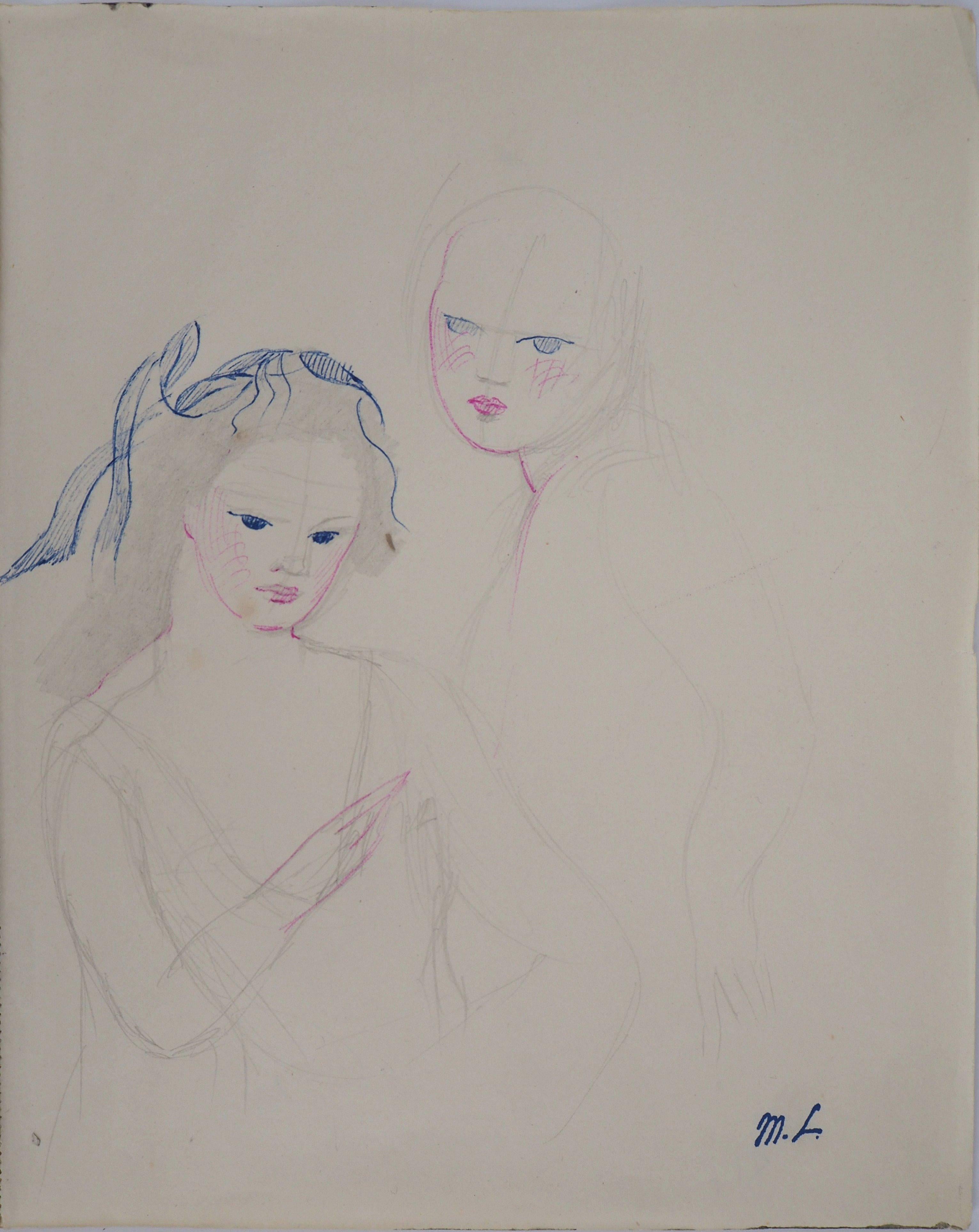 Marie Laurencin Figurative Art - Lovers - Original ink and pencil drawing, 1953