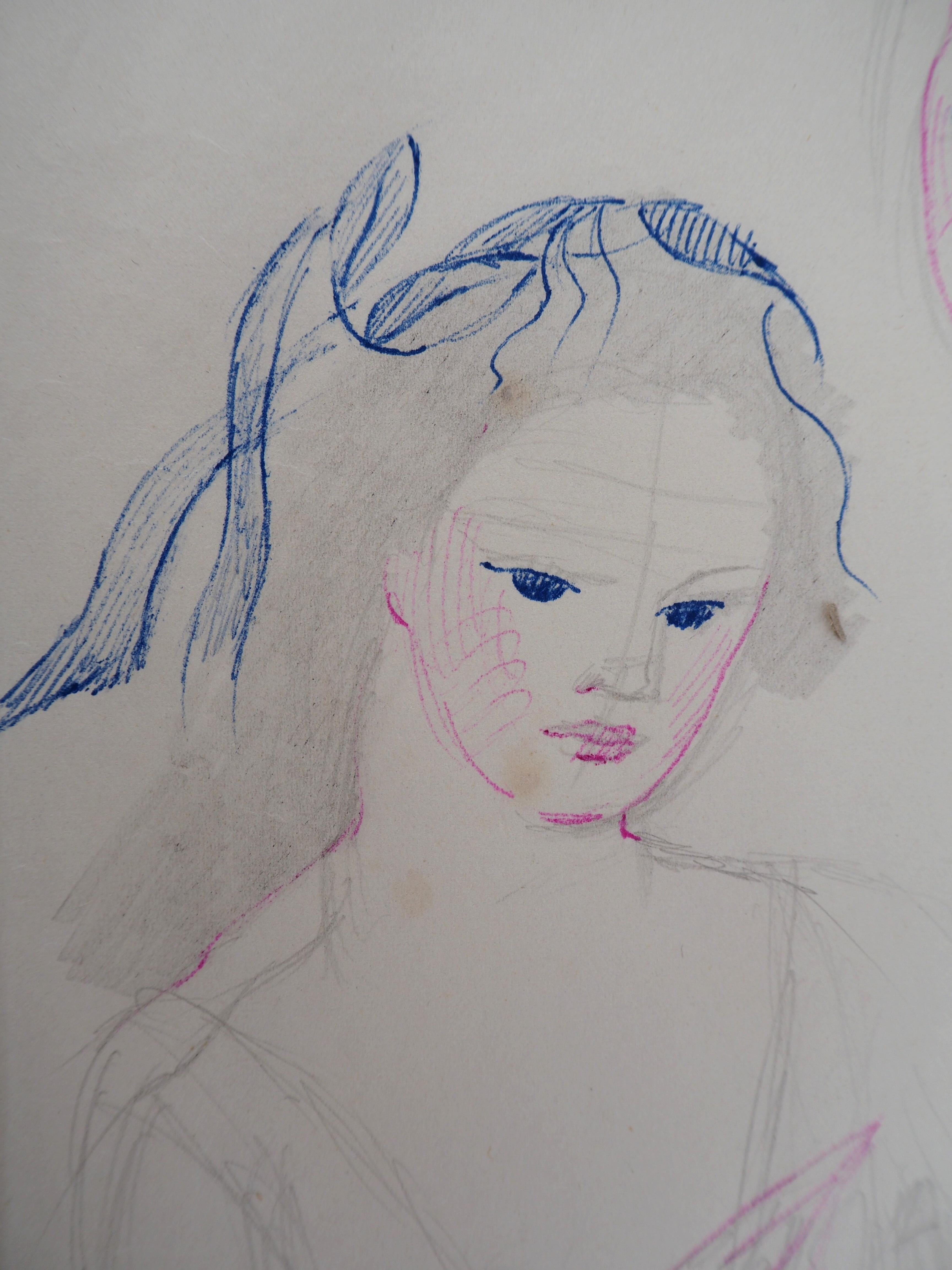 Amanti - Disegno originale a inchiostro e matita, 1953 - Figurative Art Grigio di Marie Laurencin