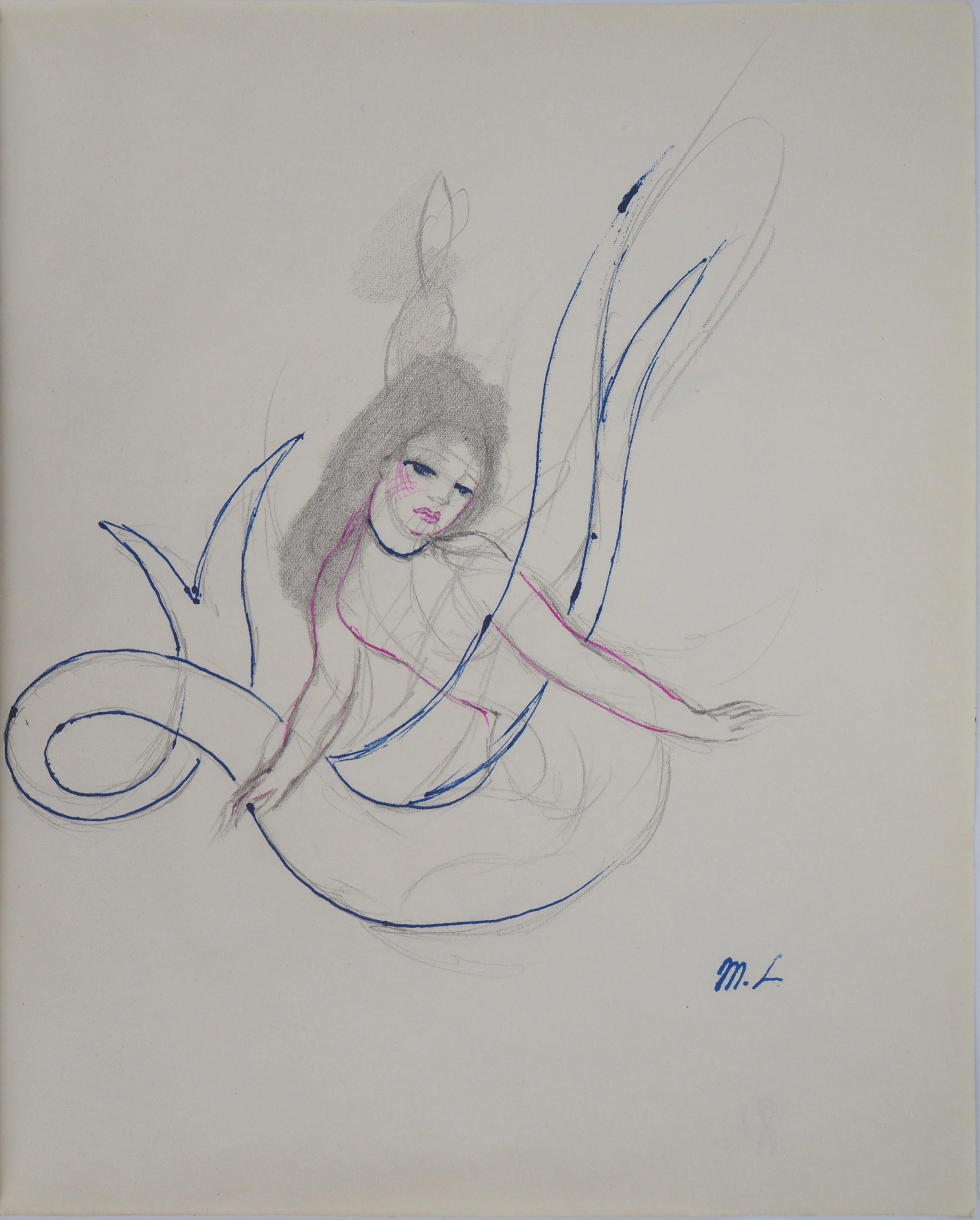 Marie Laurencin Figurative Art – Meerjungfrau - Original Zeichnung mit Tusche und Bleistift, 1953