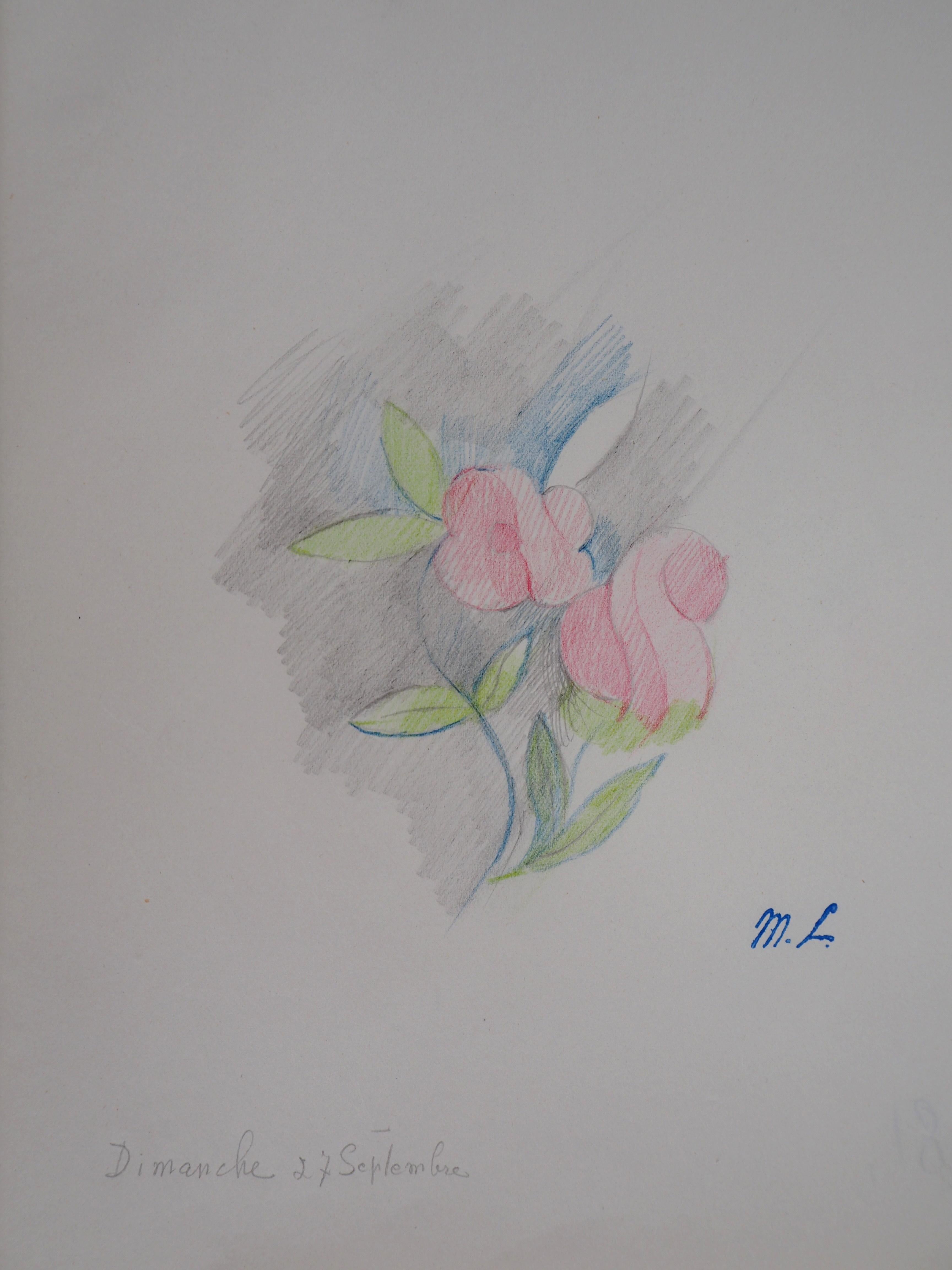 Des fleurs colorées - dessin original au crayon, 1953 - Moderne Art par Marie Laurencin