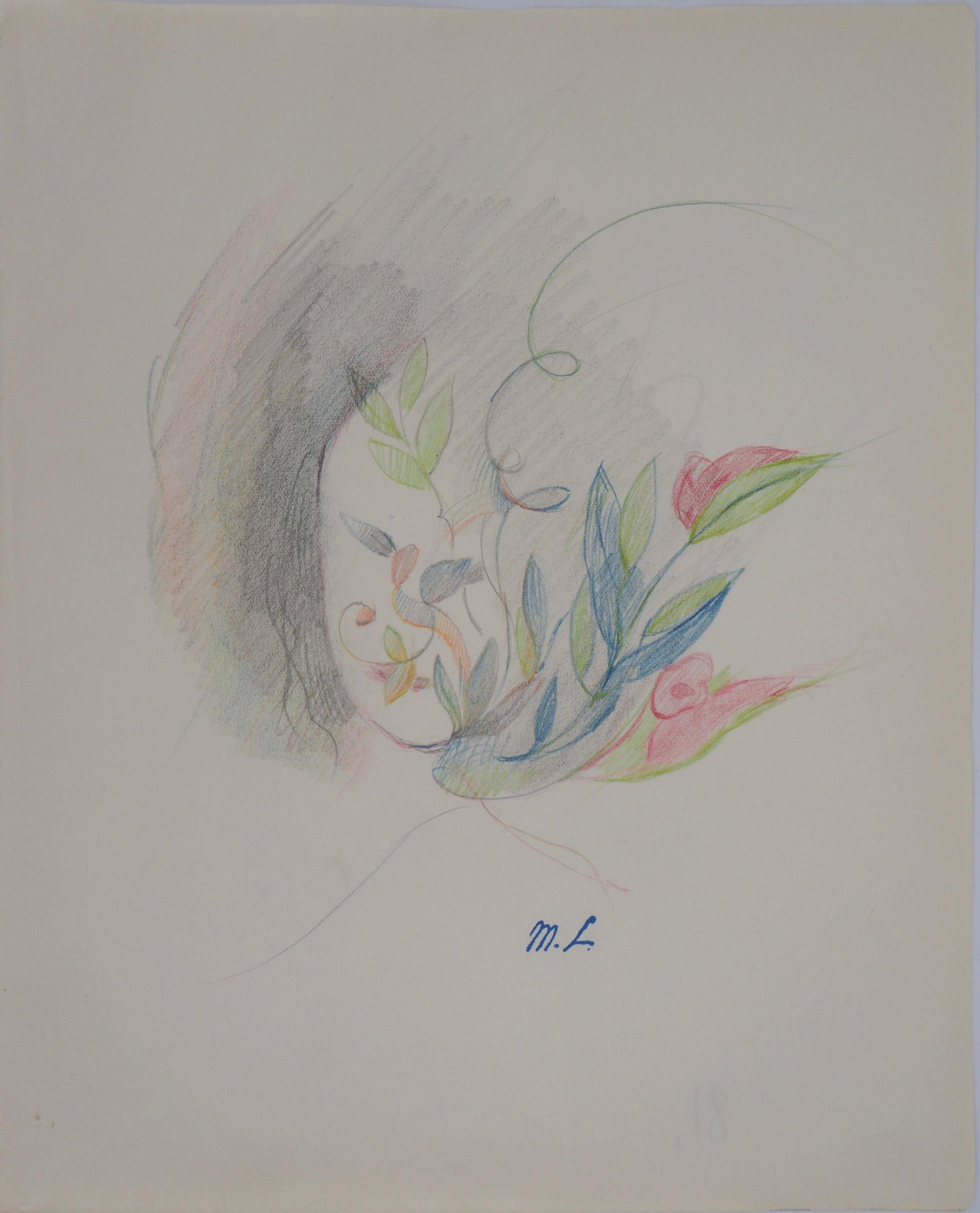 Marie Laurencin Landscape Art -  Flower Portrait - Original pencil drawing, 1953