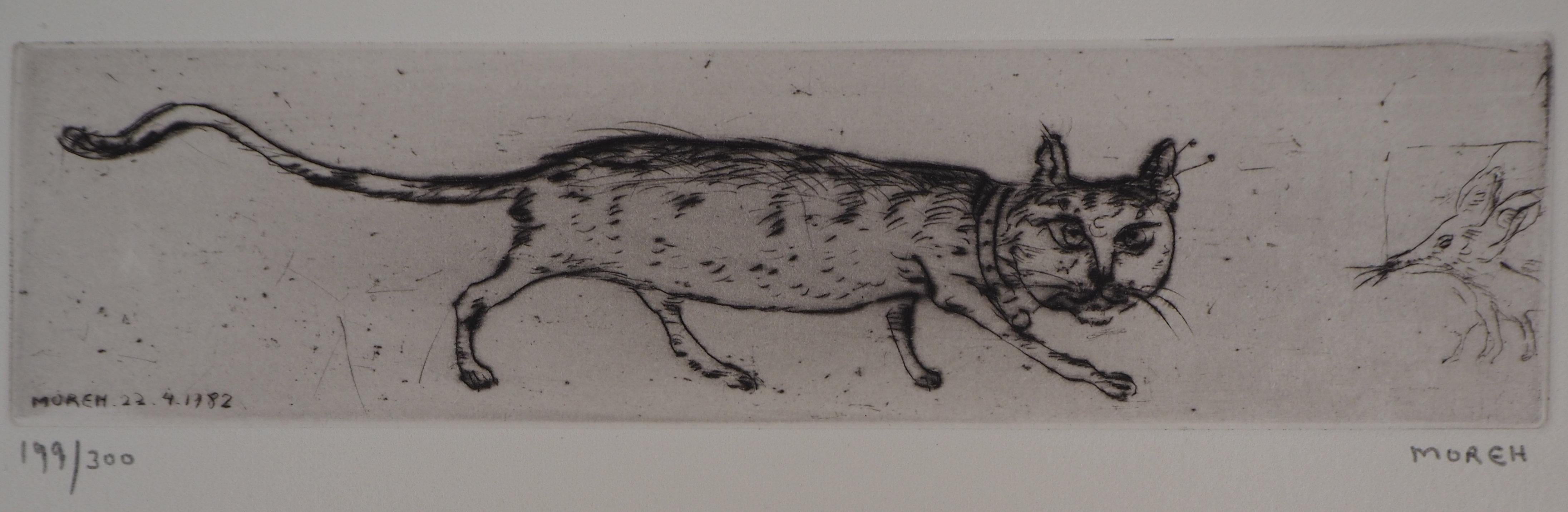 Cat and Mouse : Original etching, Handsigned - Print by Mordecai Moreh