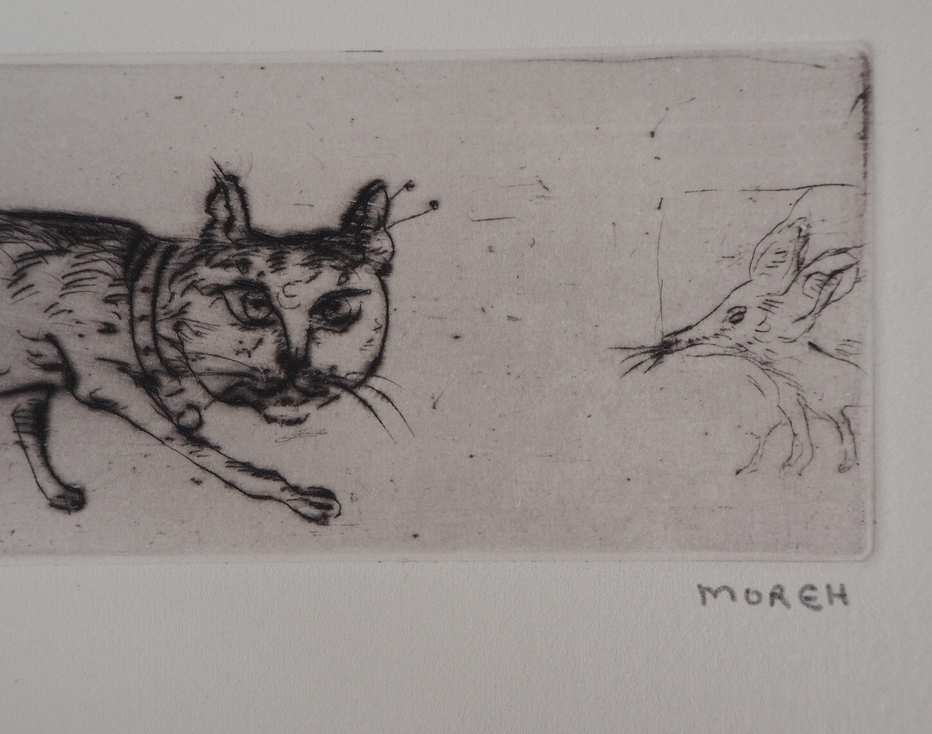 Cat and Mouse : Original etching, Handsigned - Modern Print by Mordecai Moreh