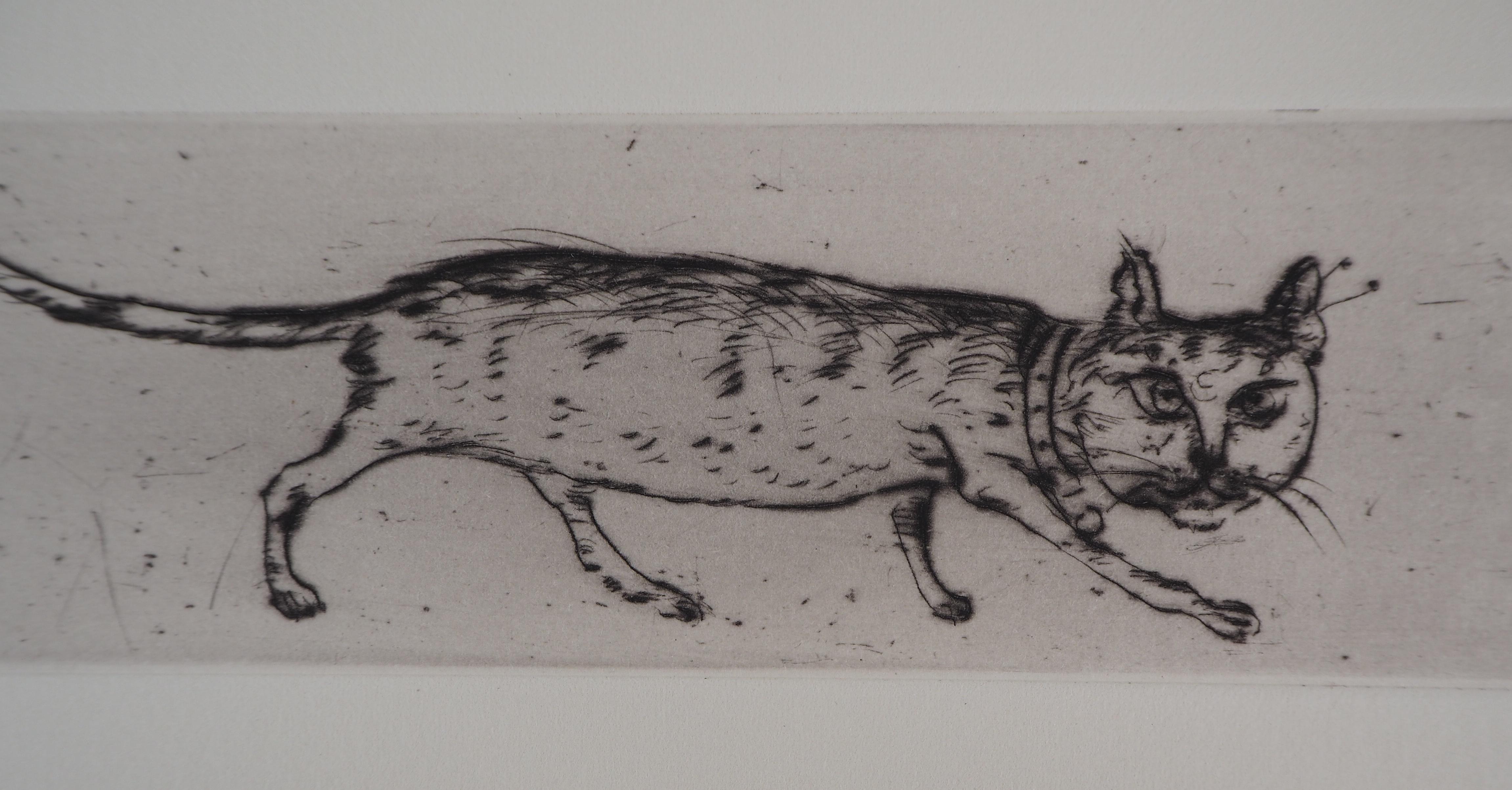 Cat and Mouse : Original etching, Handsigned - Gray Animal Print by Mordecai Moreh