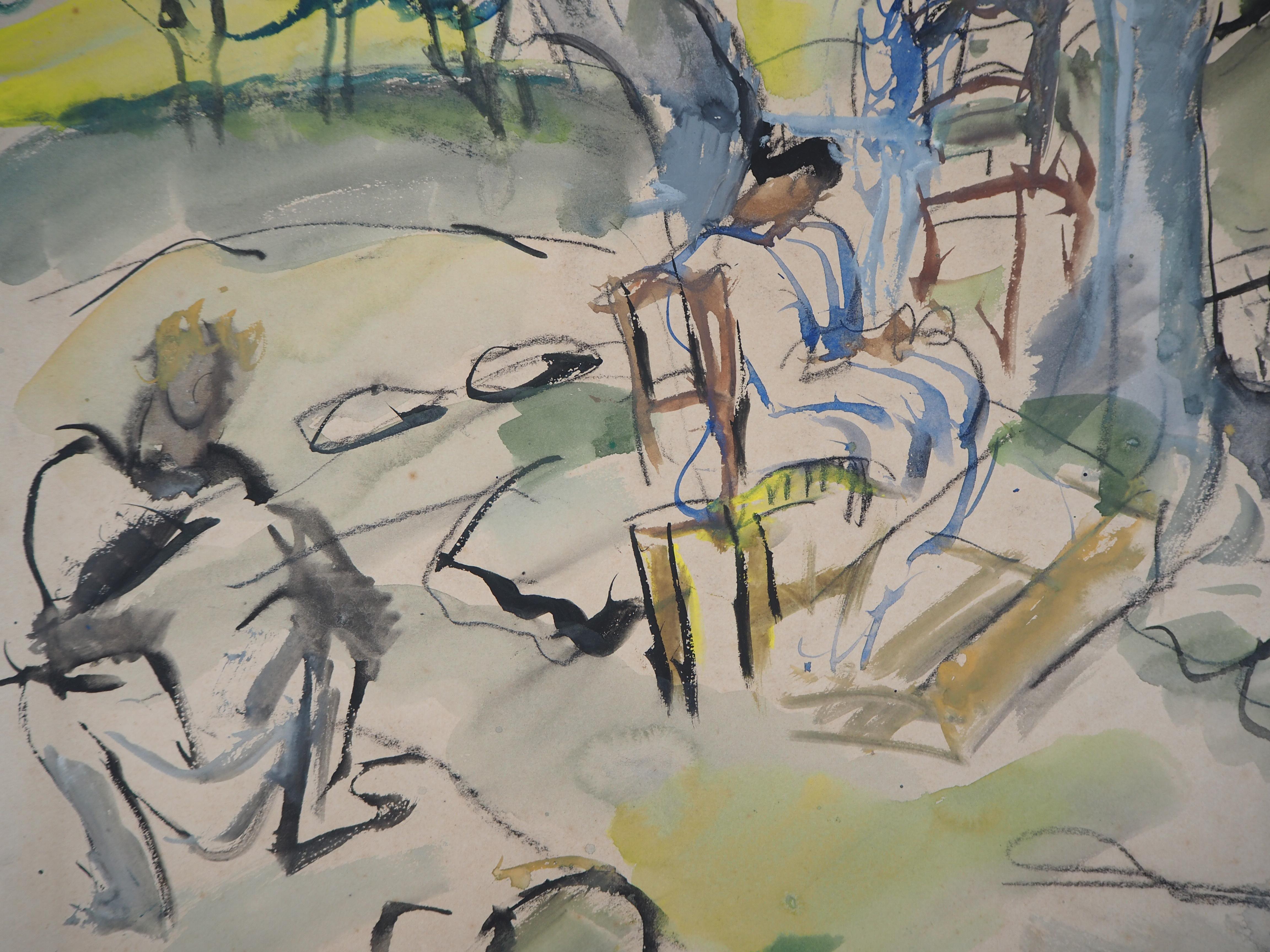 Provence : A Rest under the Trees - Original handsigned gouache & watercolor - Modern Art by GEN PAUL