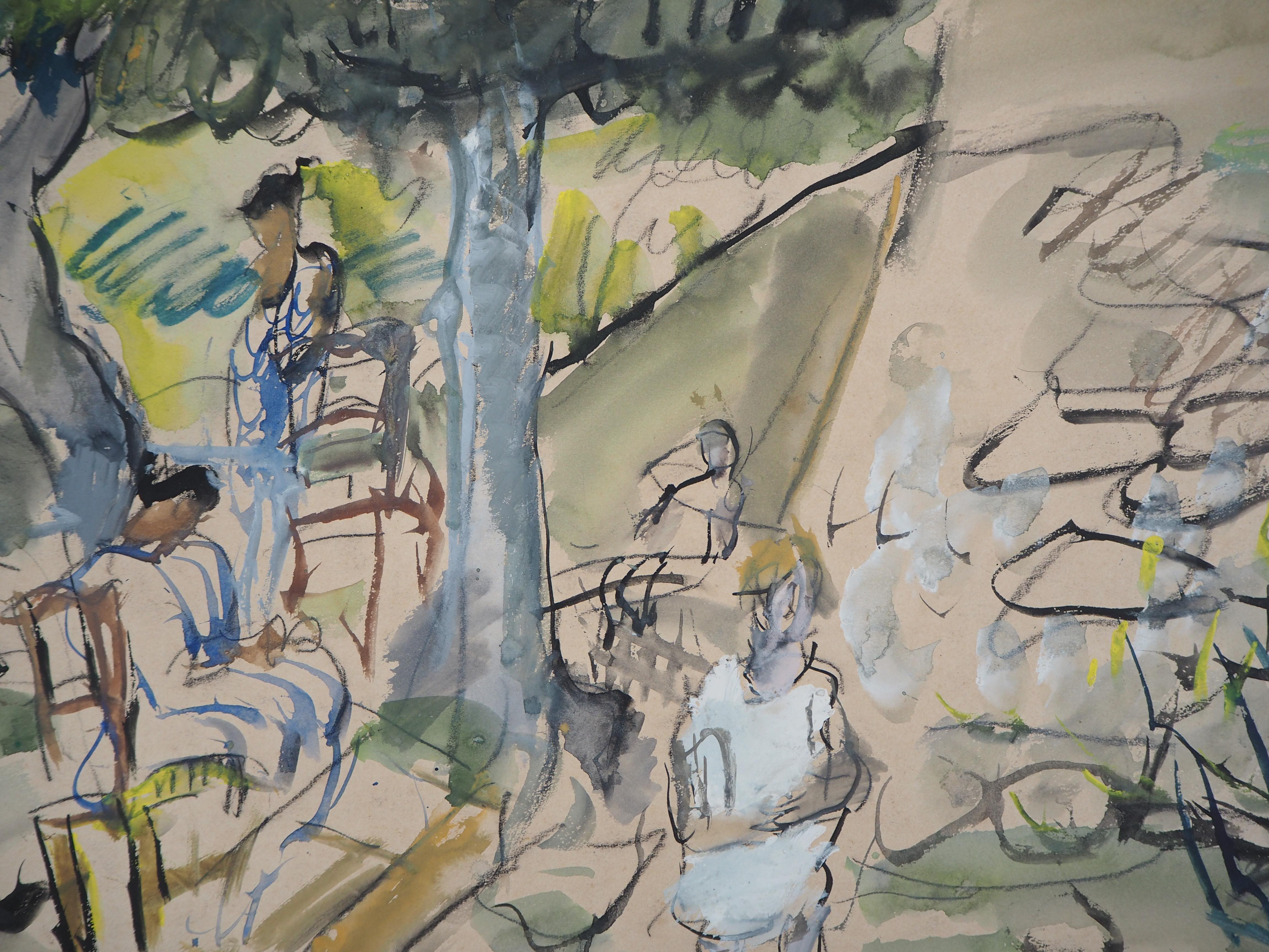 Provence : A Rest under the Trees - Original handsigned gouache & watercolor - Brown Landscape Art by GEN PAUL