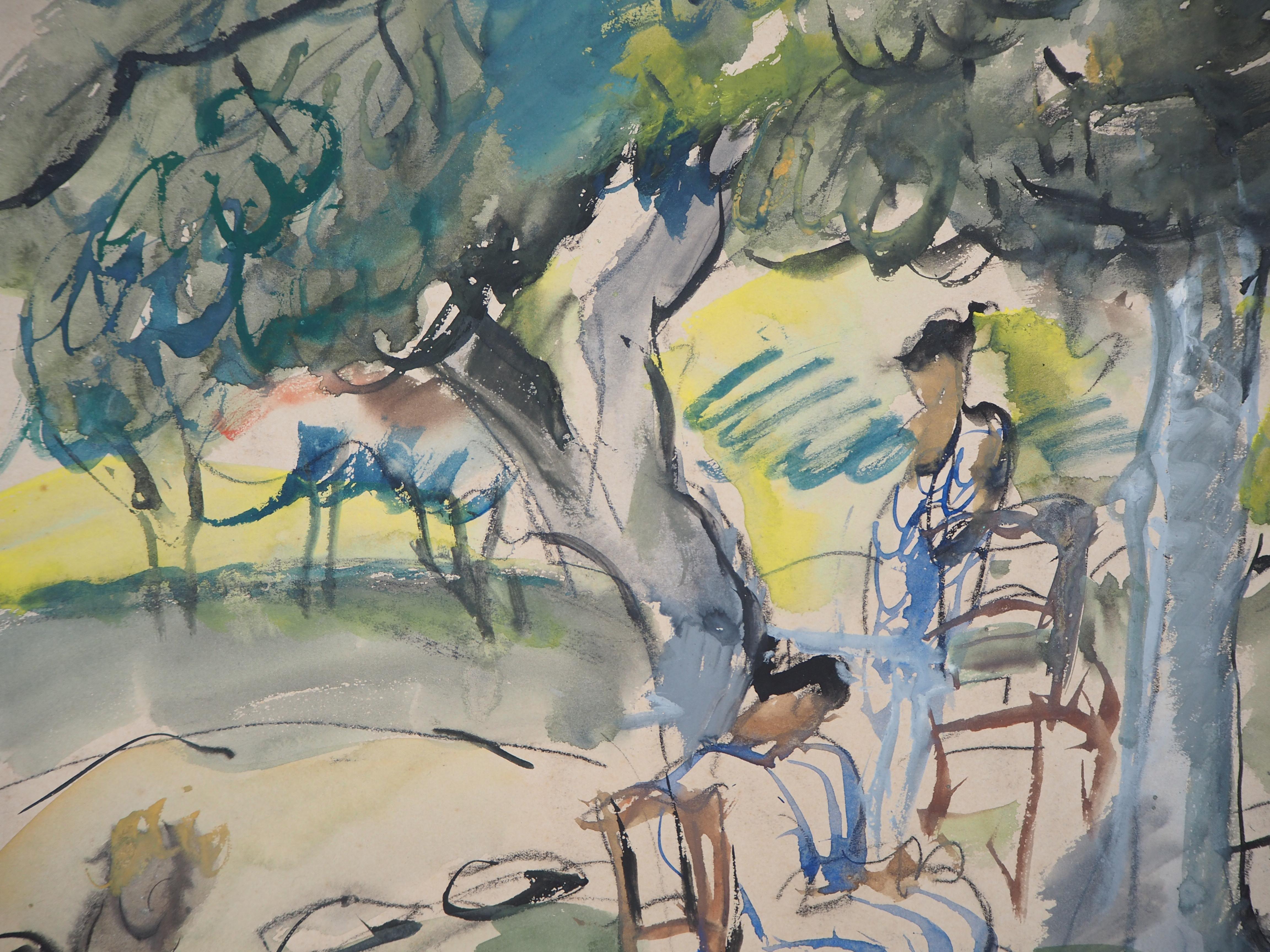 Provence : A Rest under the Trees - Original handsigned gouache & watercolor 1