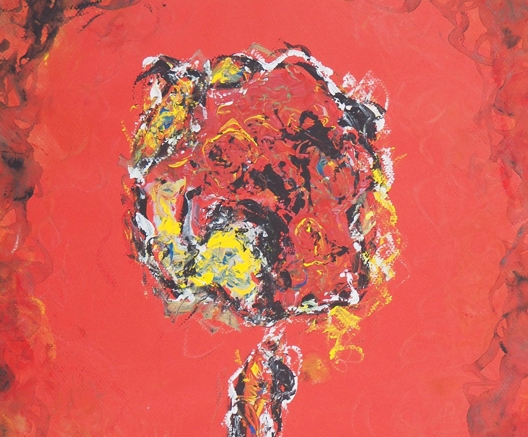 Fauvist rose - original hand signed gouache painting, 1997 - Abstract Expressionist Painting by Michel Guignard