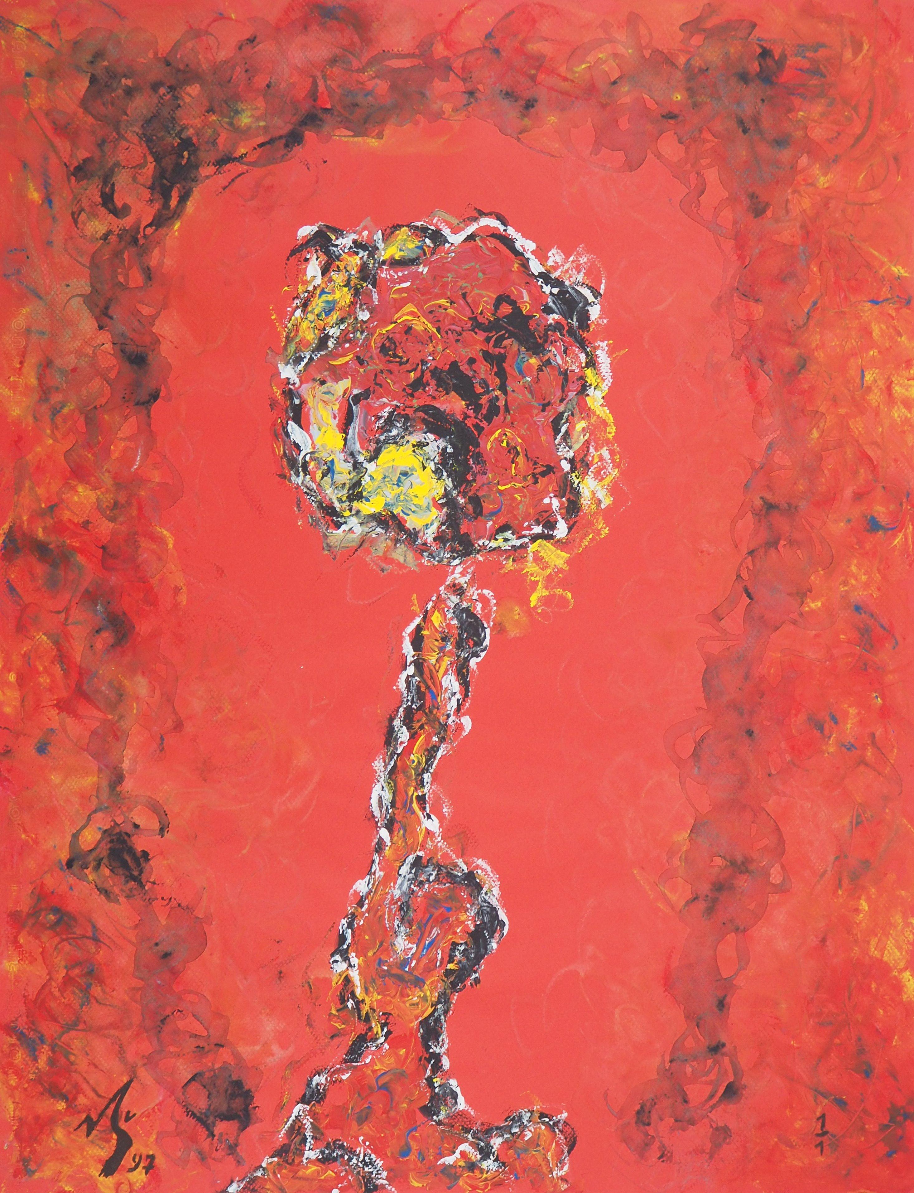 Rose fauviste - peinture à la gouache originale signée à la main, 1997