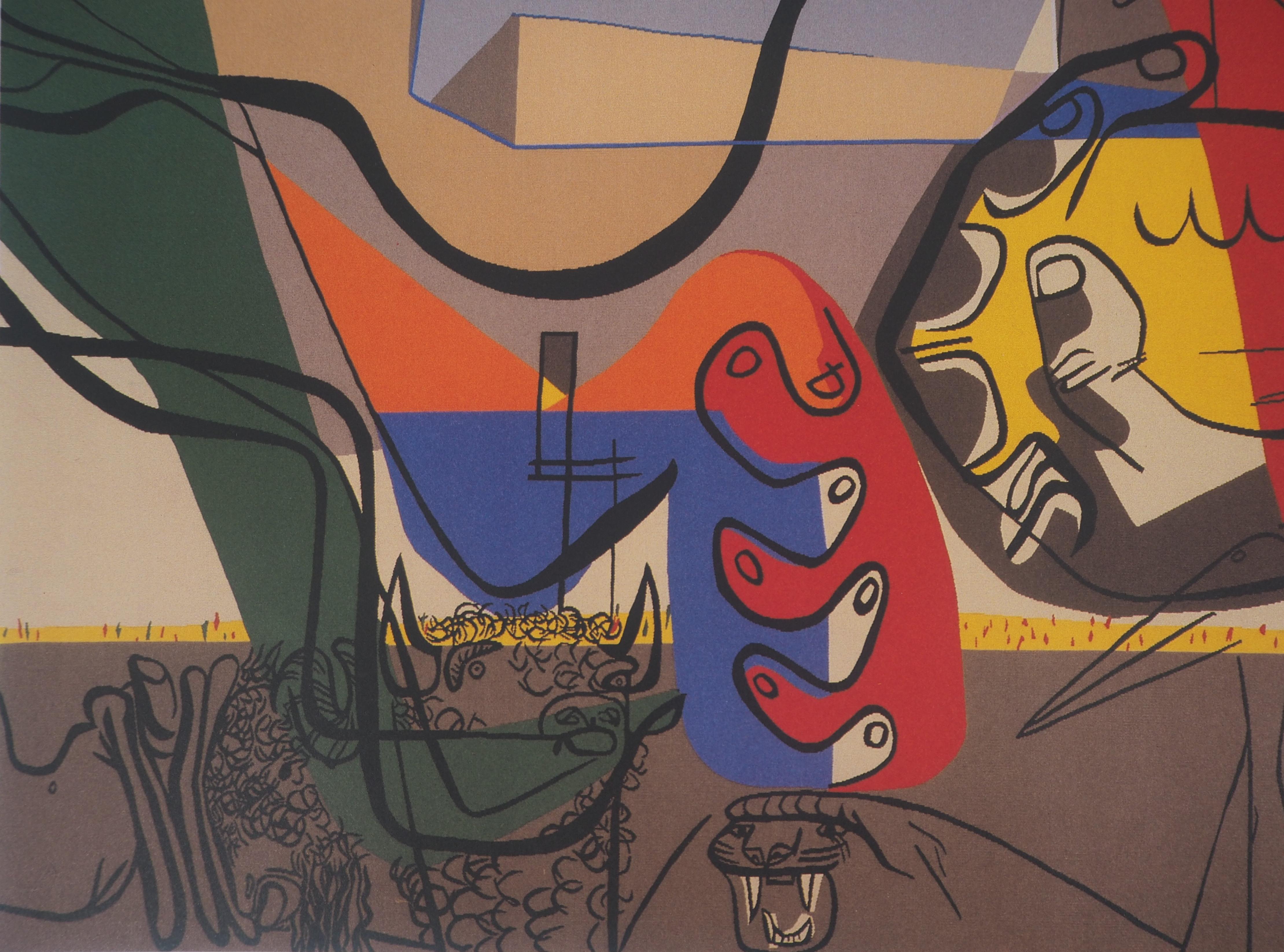 Le Corbusier (Charles-Édouard Jeanneret, genannt)
Präsenz (Mann mit Stier und Tieren)

Original Vintage-Plakat (Offsetdruck)
Mit der gedruckten Unterschrift in der Platte
Auf Velin 50 x 70 cm (ca. 20 x 28 Zoll)
Hergestellt für die Ausstellung des