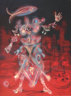 Surrealist Character with a Fish - Original handsigned lithograph