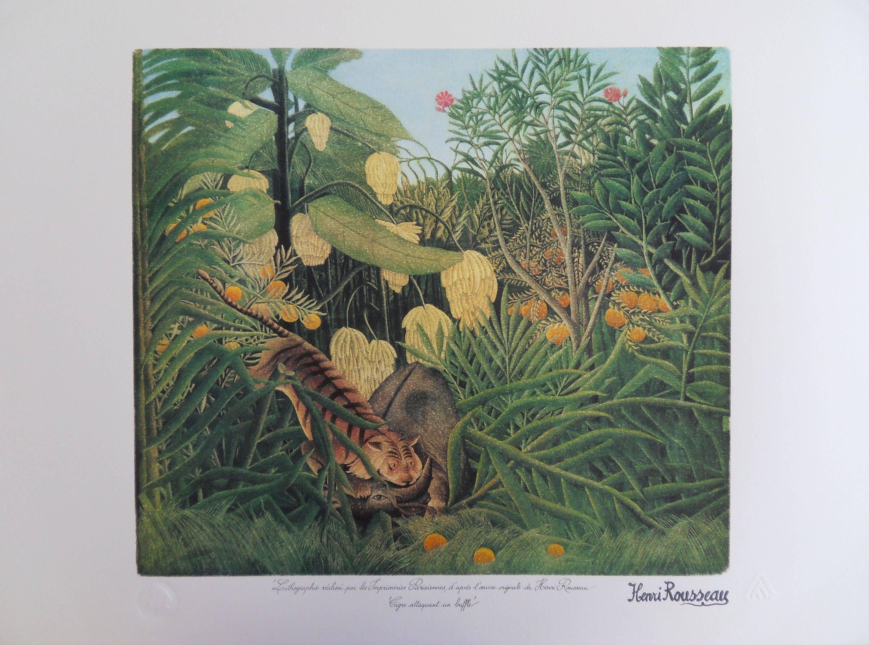 Henri Rousseau Landscape Print - Fight Between a Tiger and a Buffalo - Lithograph - Limited /300ex