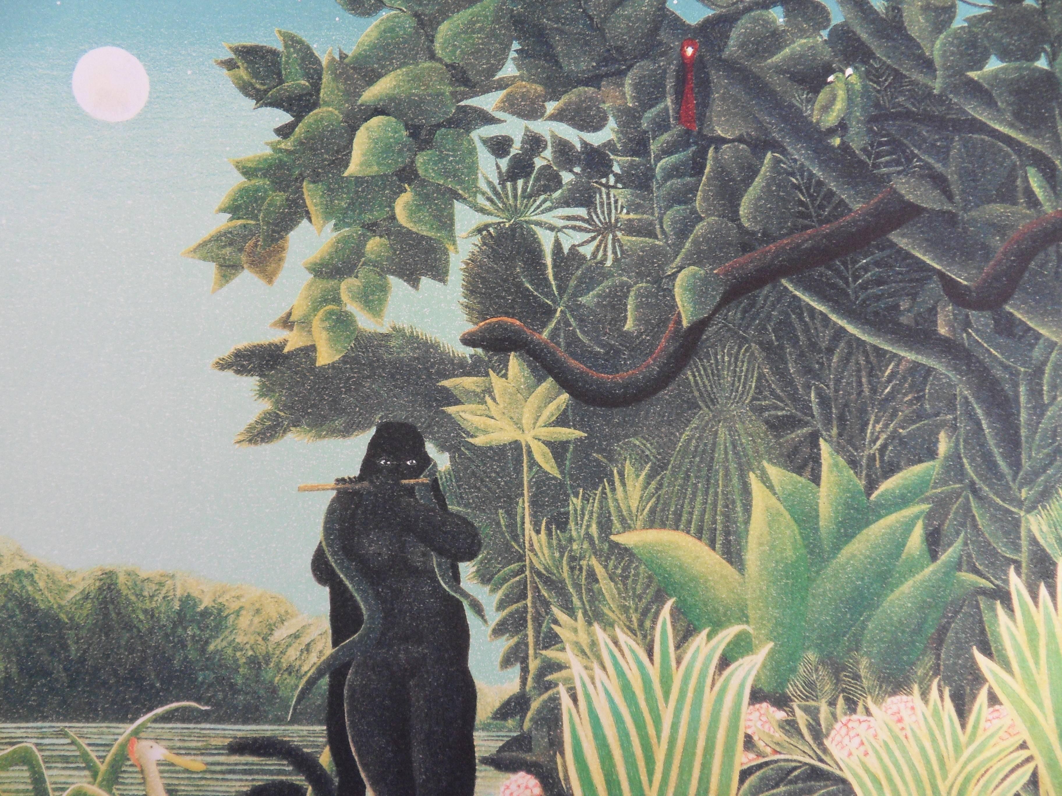 Henri ROUSSEAU (called Le Douanier ROUSSEAU) (after)
The Snake Charmer

Stone lithograph after a painting
Printed signature in the plate
Numbered /300 copies
On vellum 57 x 75 cm (c. 23 x 30i n)

Information : This lithograph was created after the