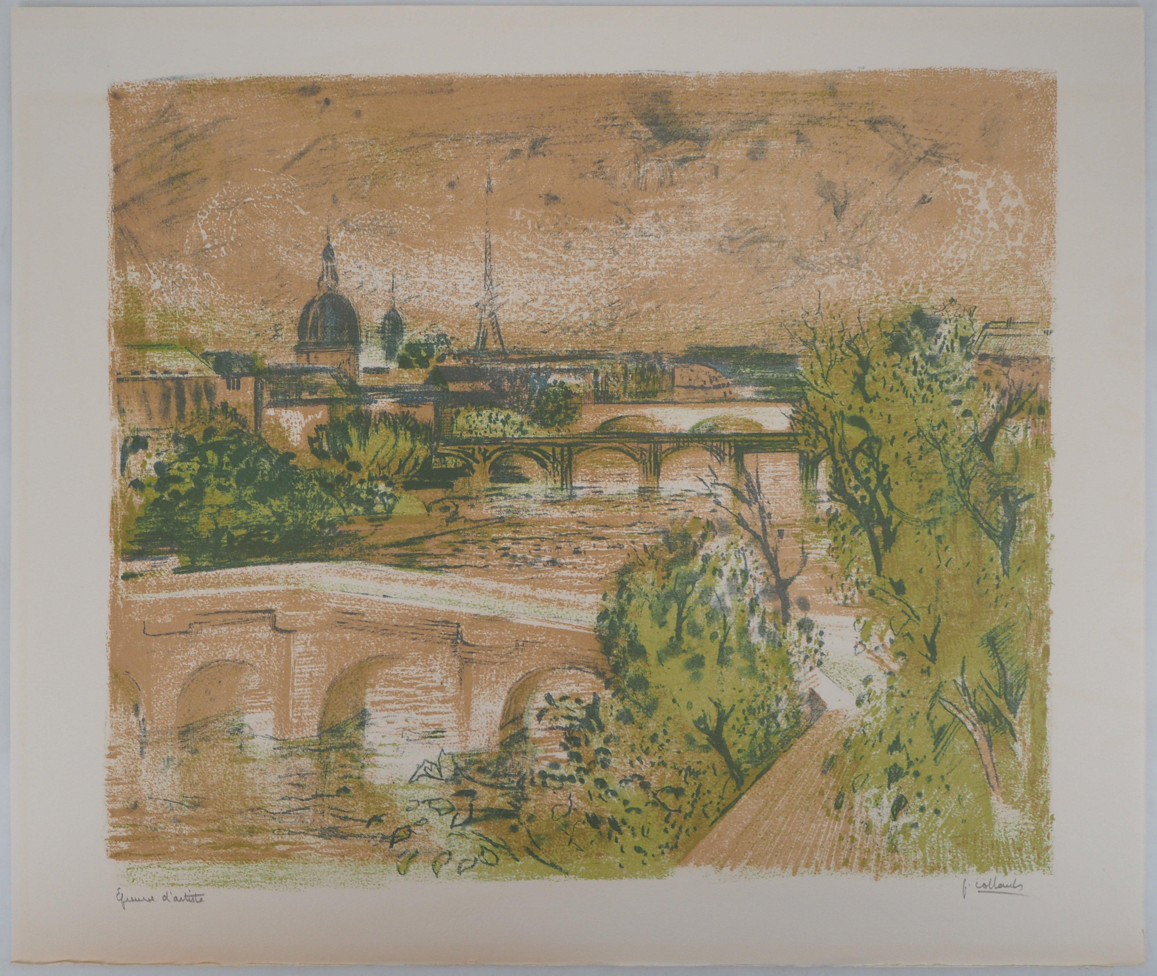 Paul Collomb Landscape Print - Paris : Seine River - Original lithograph, Handsigned