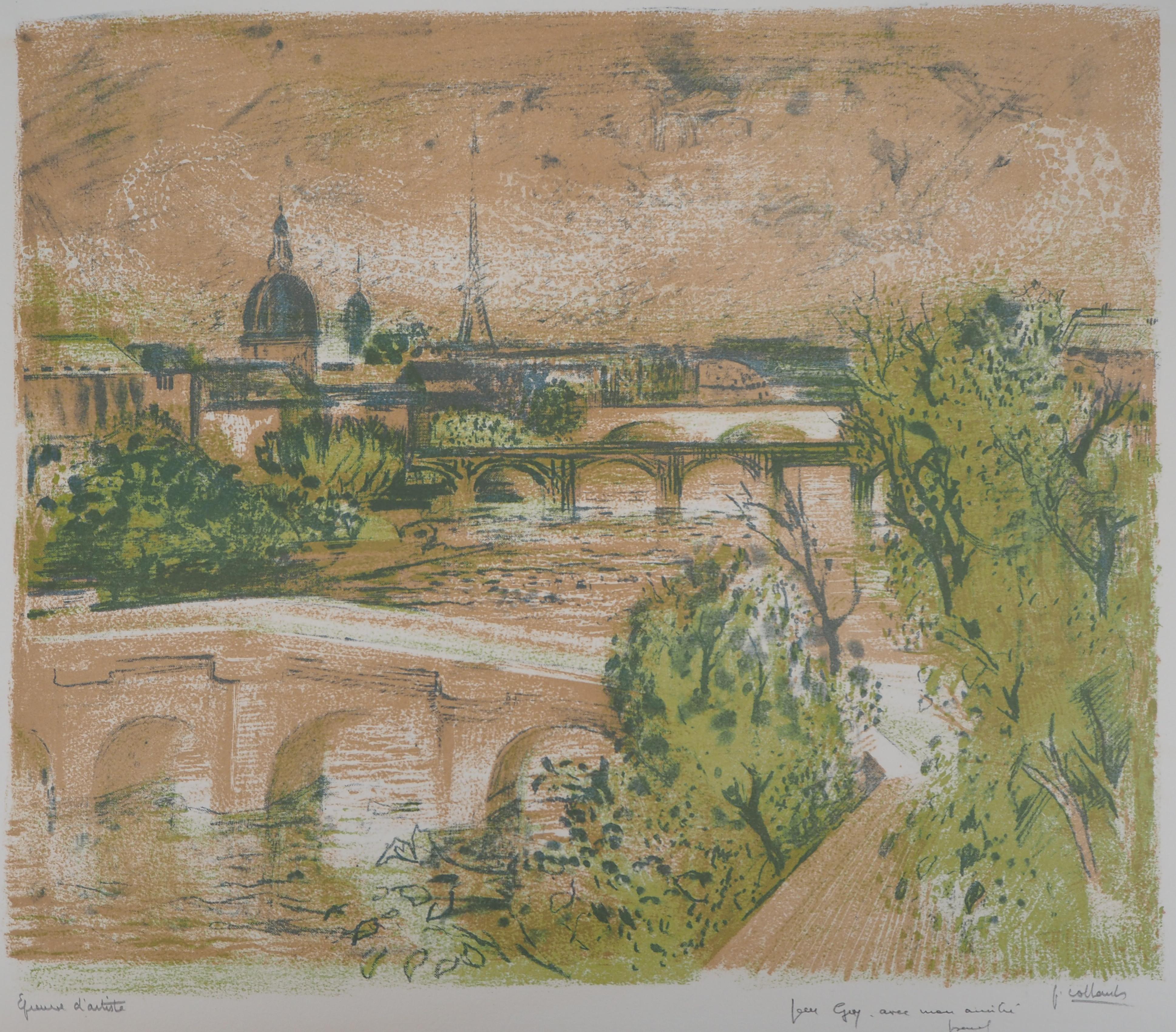 Paris : Seine River - Original lithograph, Handsigned - Print by Paul Collomb