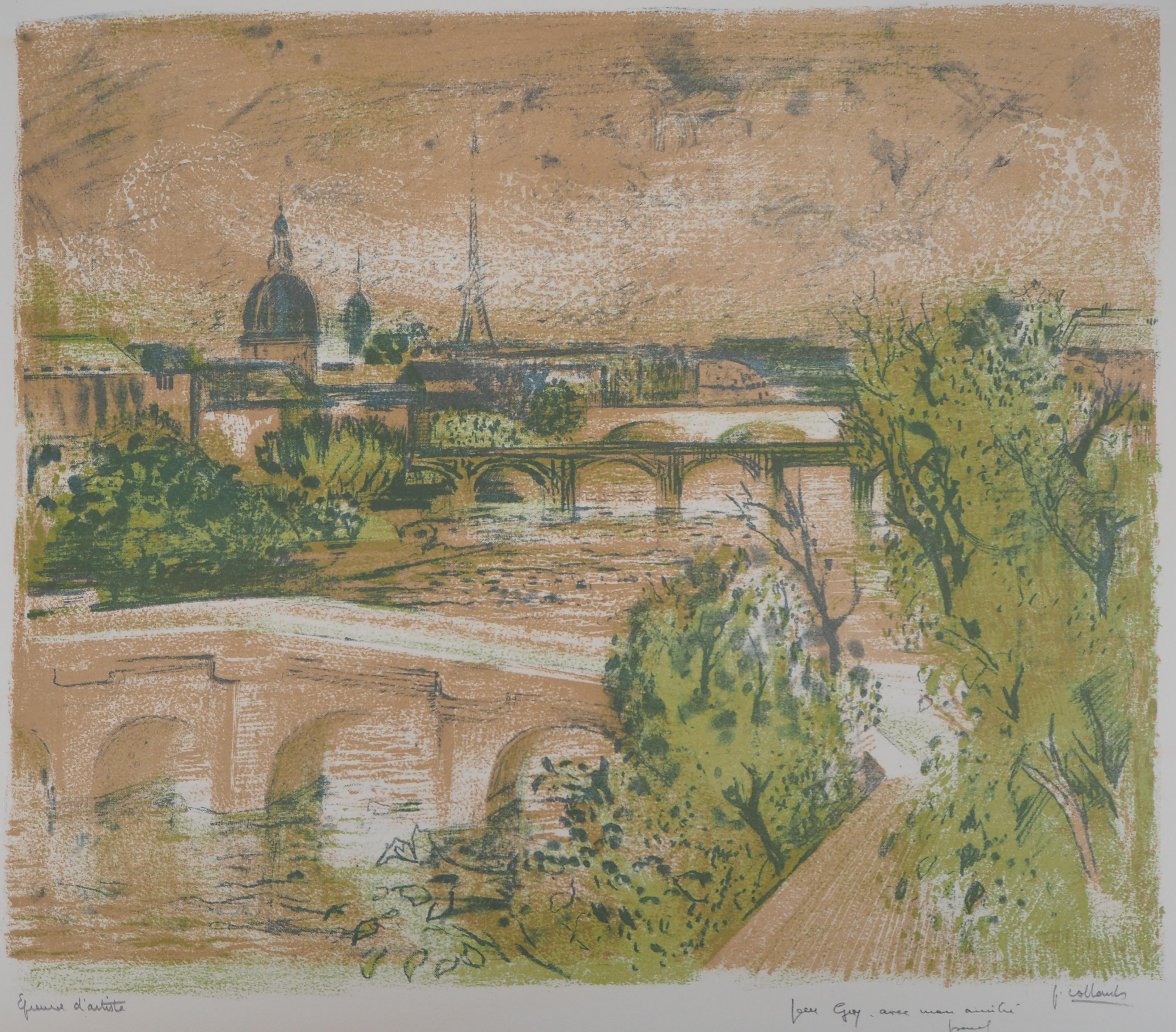 Parigi: fiume Senna - Litografia originale, firmata con la mano - Print di Paul Collomb