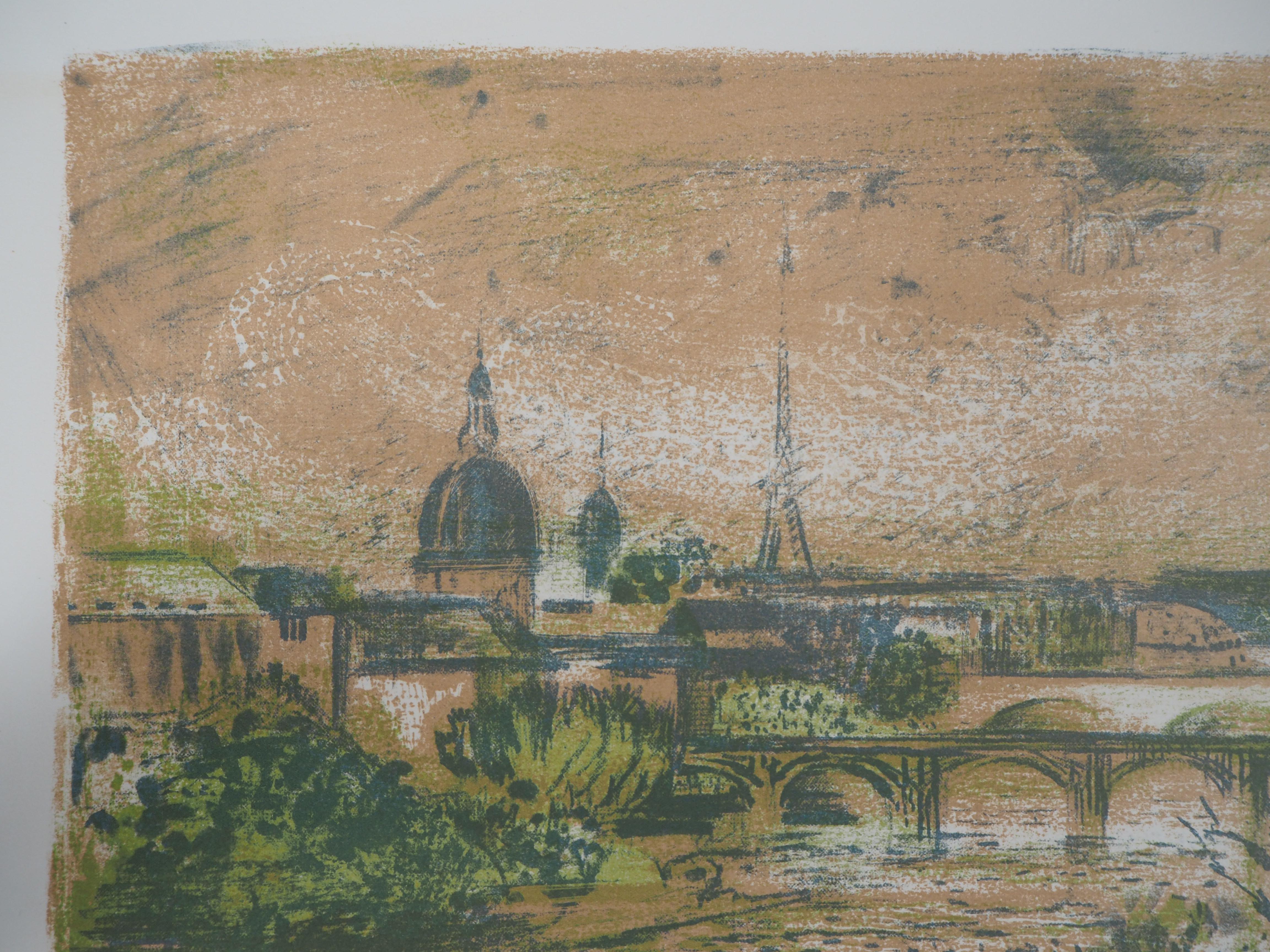 Paris : Seine River - Original lithograph, Handsigned - Post-Impressionist Print by Paul Collomb