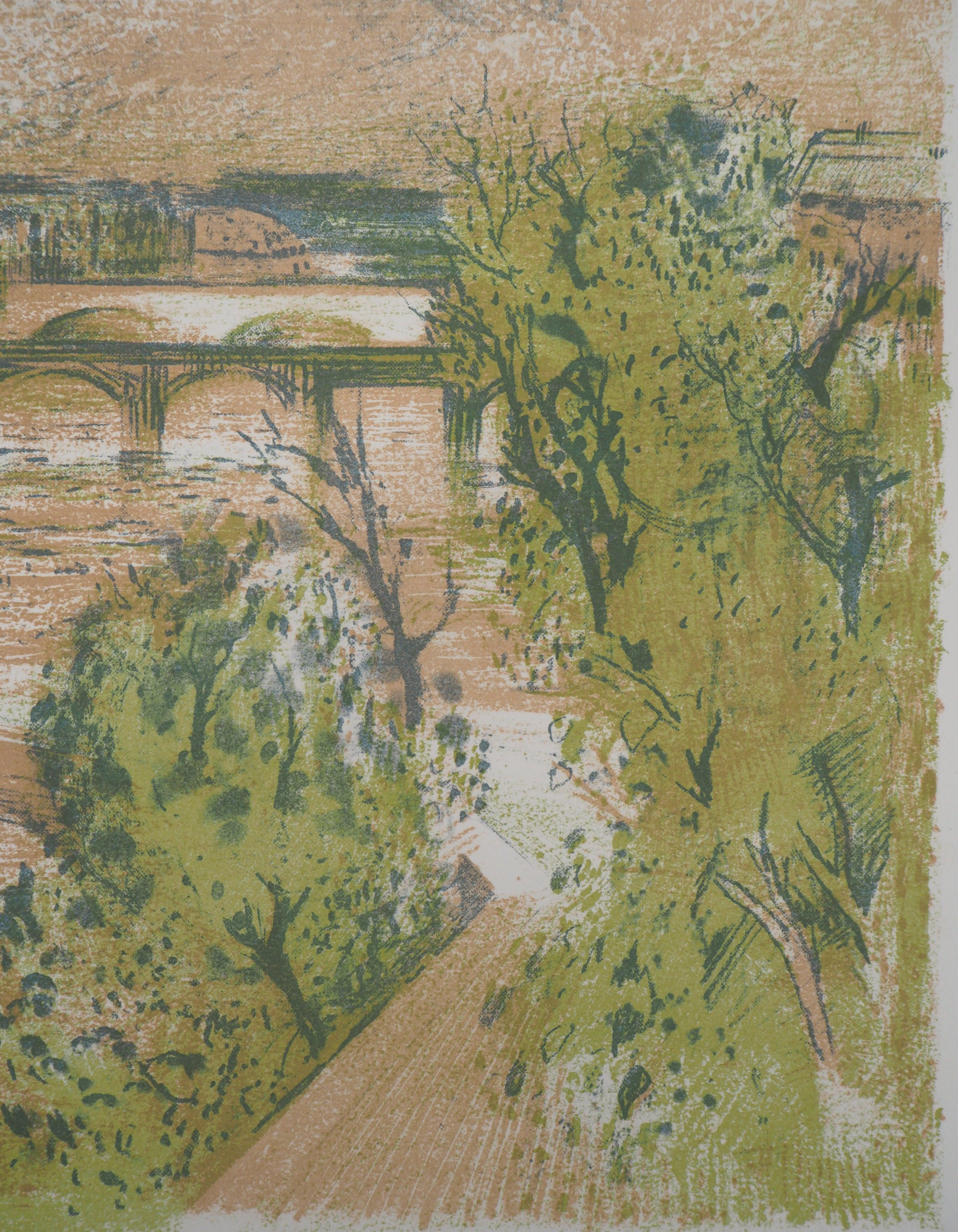 Paris : Seine River - Original lithograph, Handsigned - Brown Landscape Print by Paul Collomb