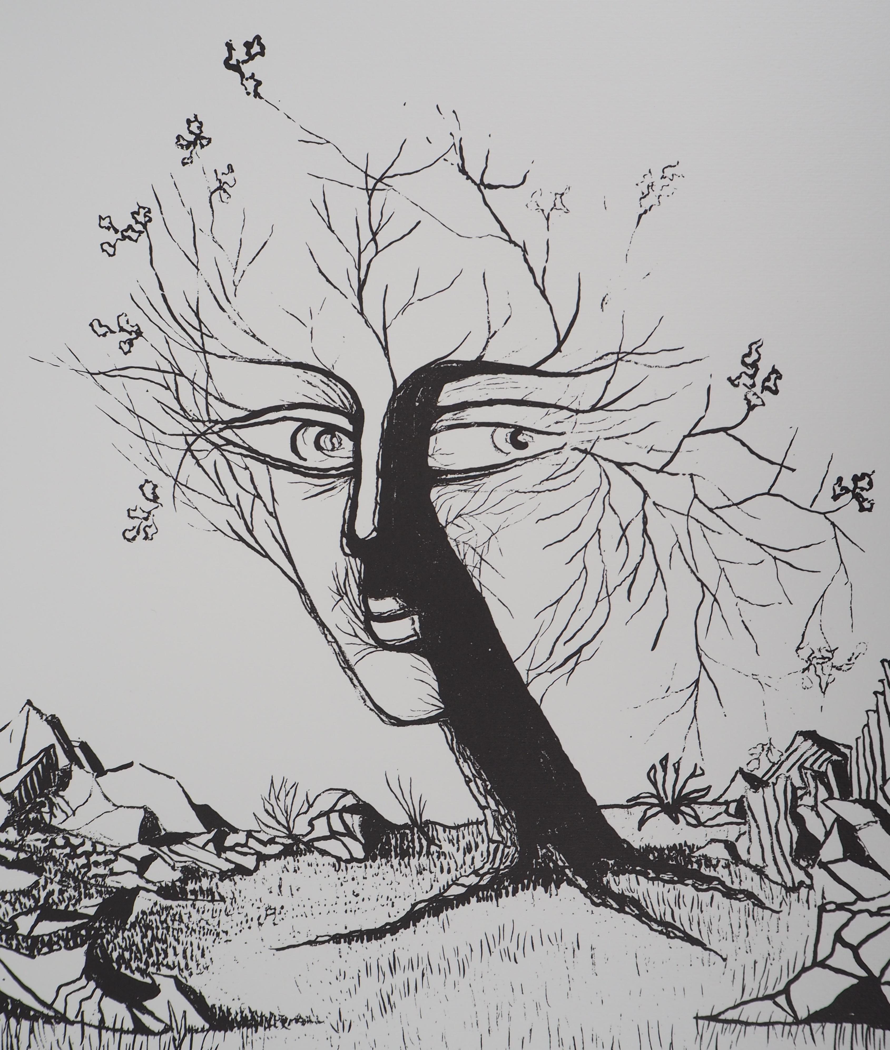 Surrealist Landscape : Face in a Tree - Lithograph, Numbered /100 - Gray Landscape Print by Jean Marais
