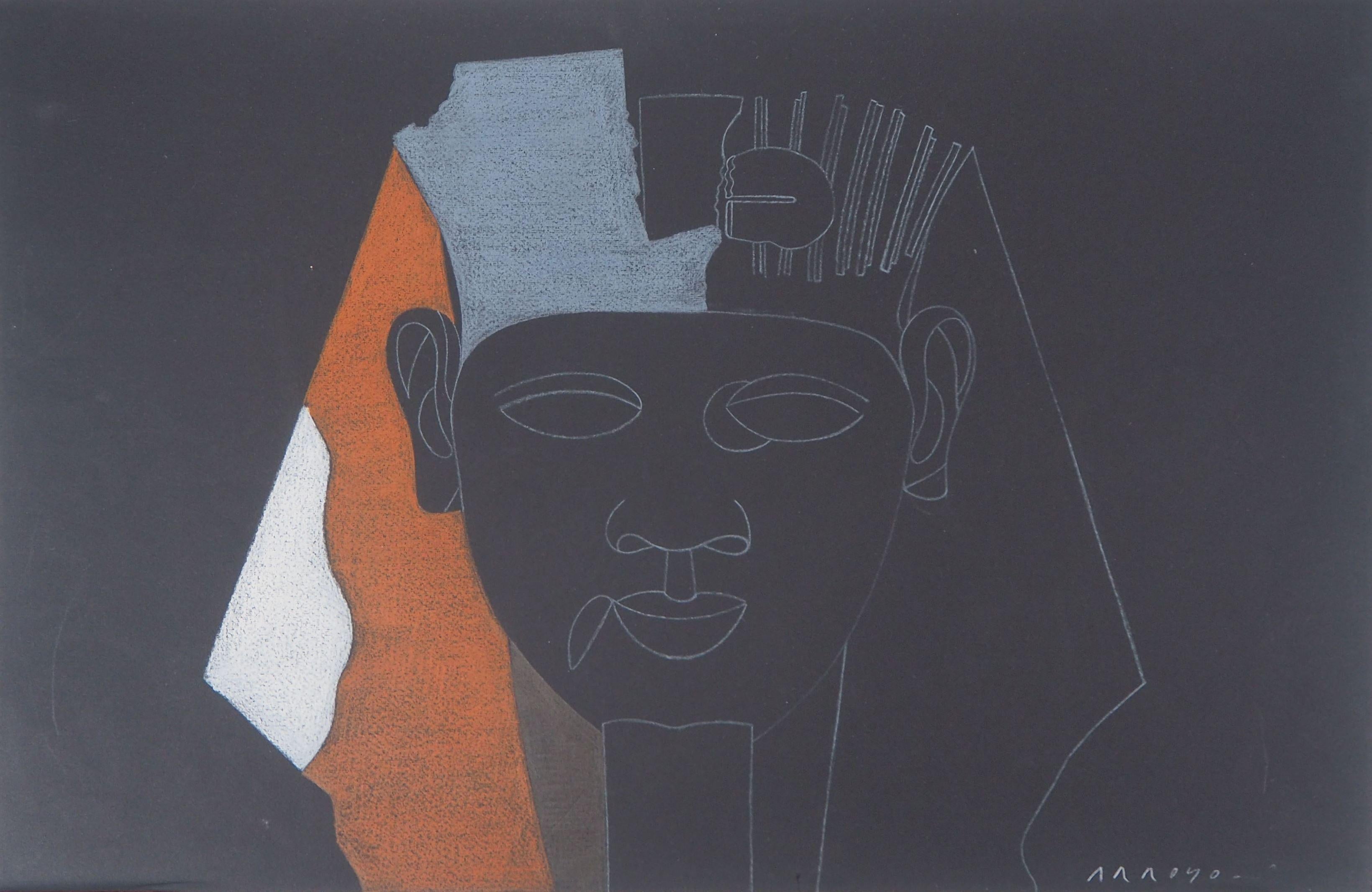 Eduardo Arroyo Portrait - Egypt, Sphinx Head - Original Drawing, Handsigned