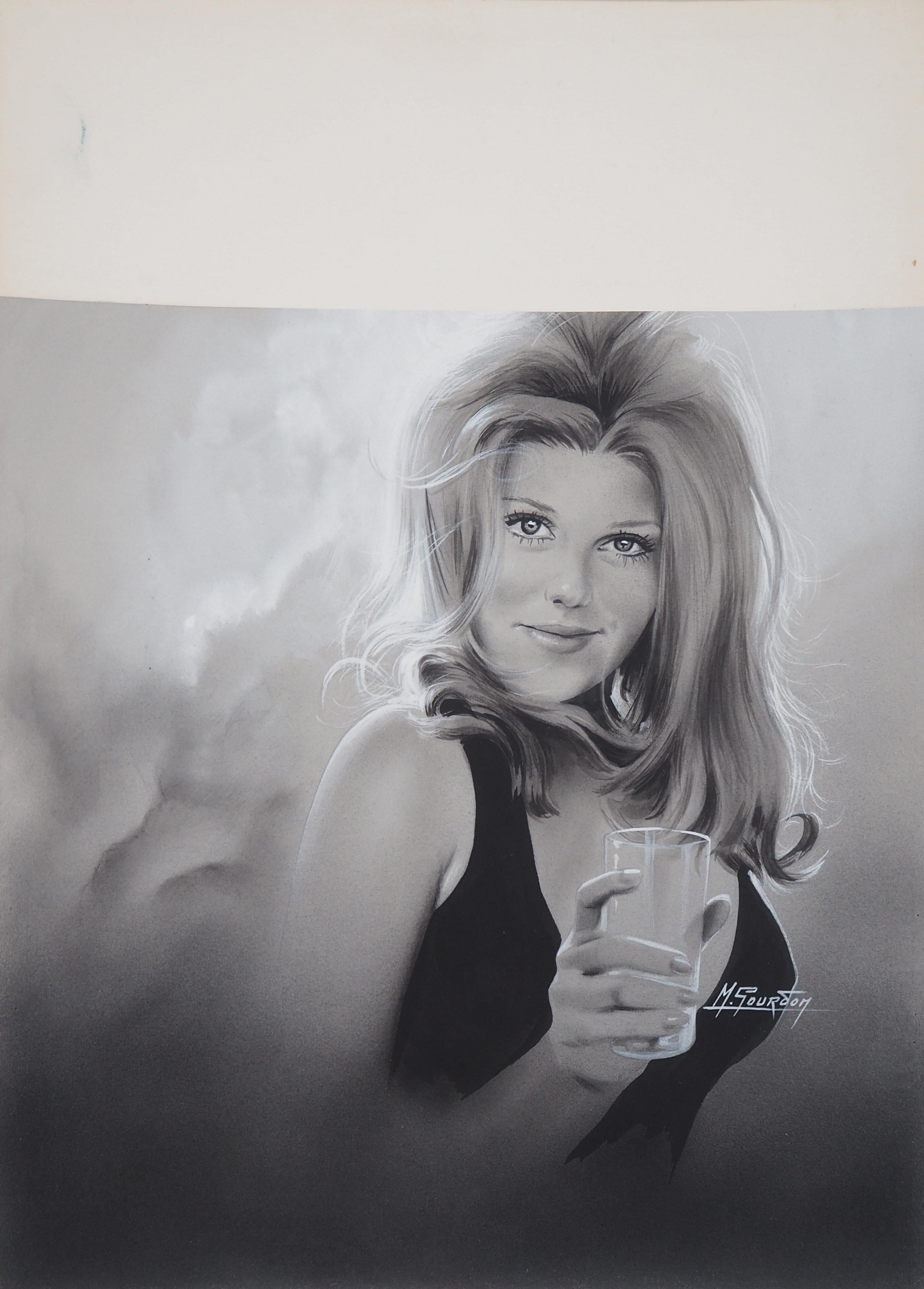Michel GOURDON Figurative Painting - Young Lady witha Glass- Original gouache on cardboard, Handsigned