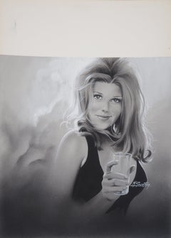 Young Lady witha Glass- Original gouache on cardboard, Handsigned