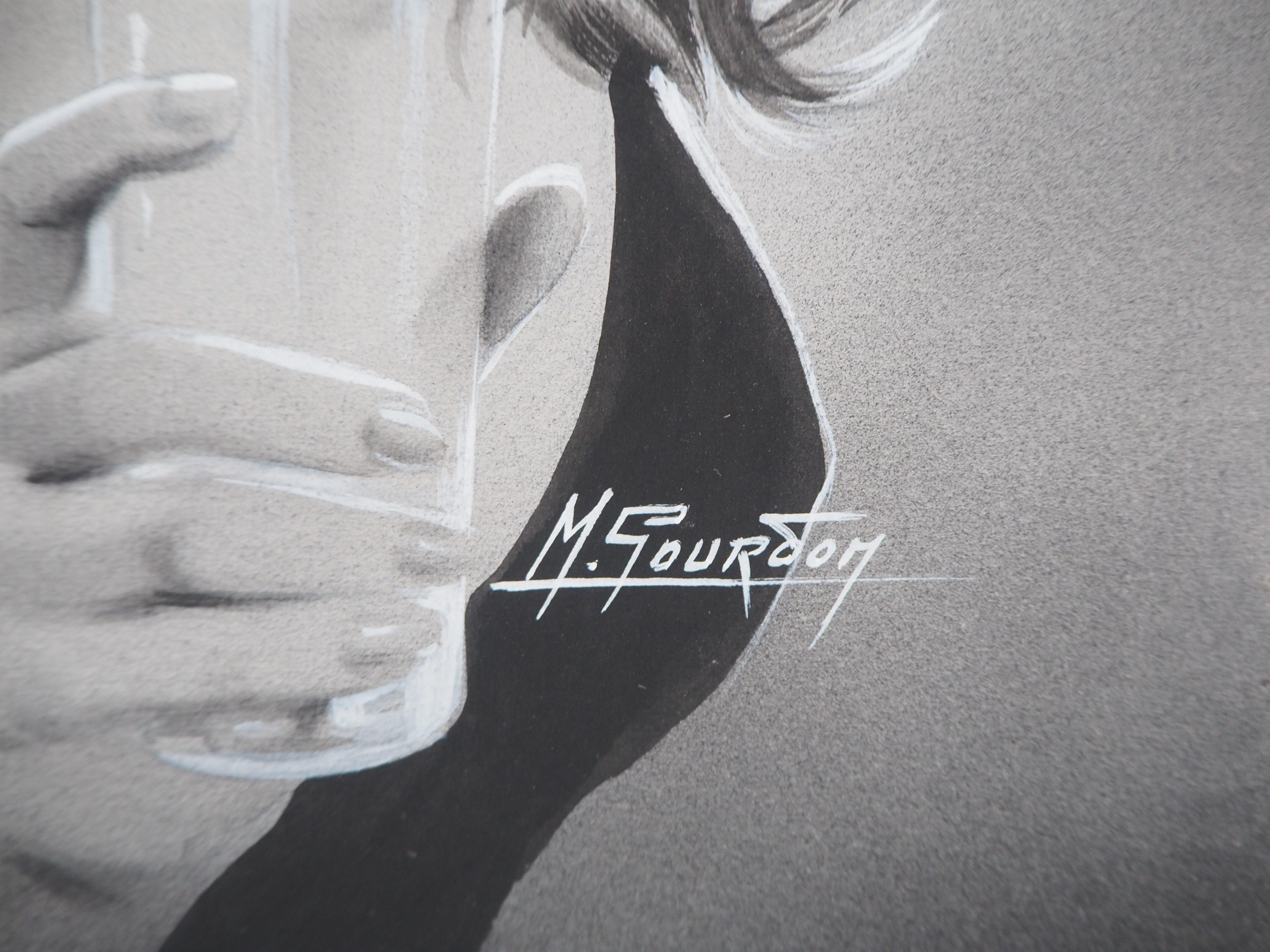 Young Lady witha Glass- Original gouache on cardboard, Handsigned - Painting by Michel GOURDON