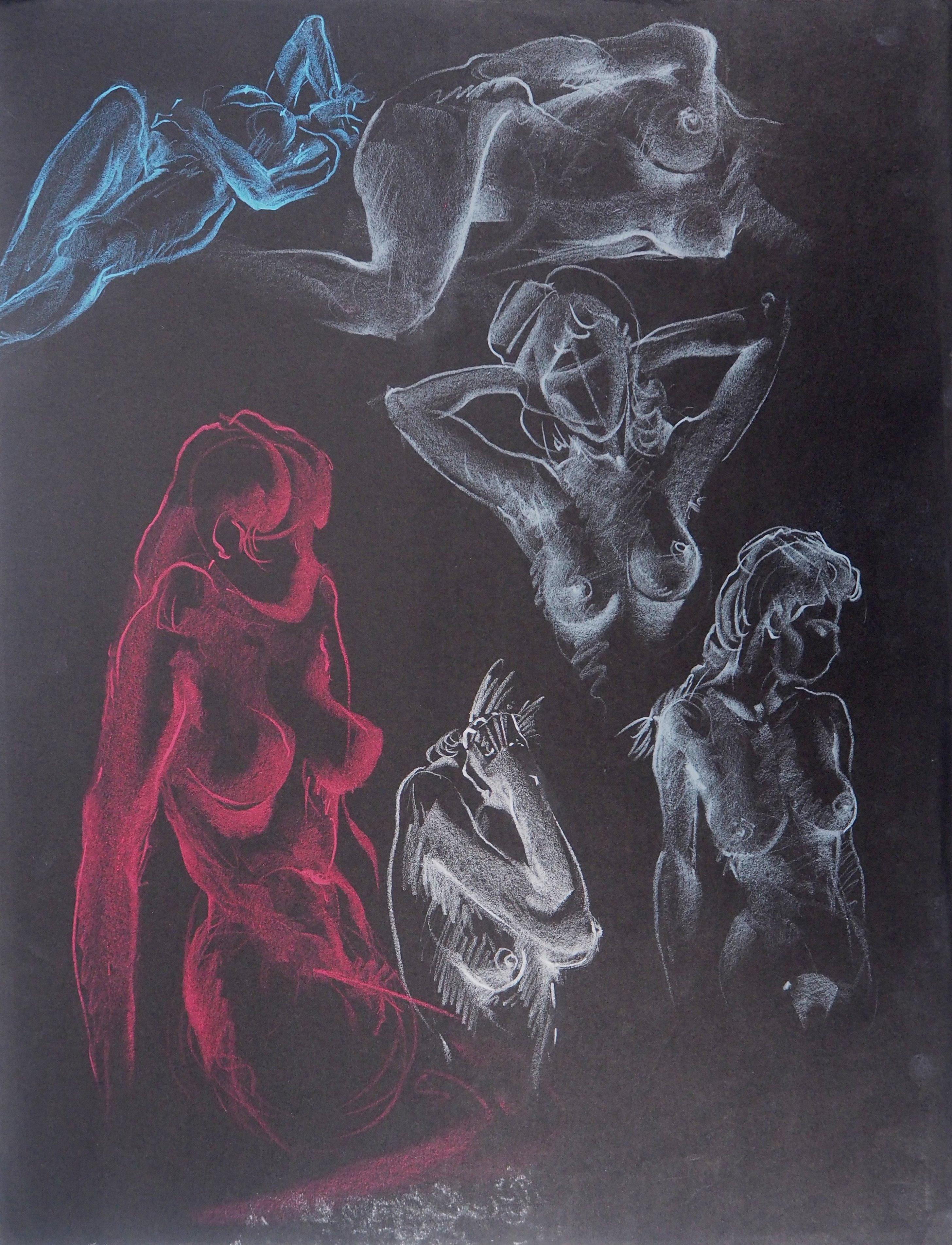 The Awakening, Six Studies of Nude - Original Signed Charcoals Drawing - Art by Gaston Coppens