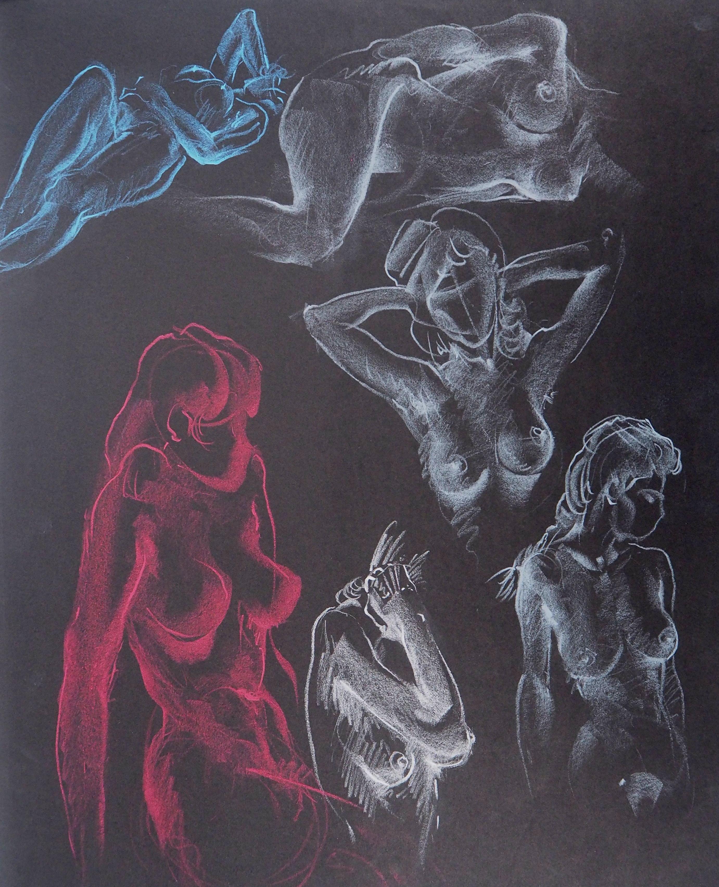 The Awakening, Six Studies of Nude - Original Signed Charcoals Drawing - Modern Art by Gaston Coppens