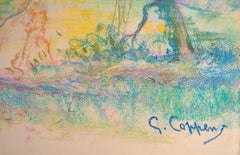 View of a Lake in Autumn (Vue d'un lac à l'automne), dessin original signé au fusain