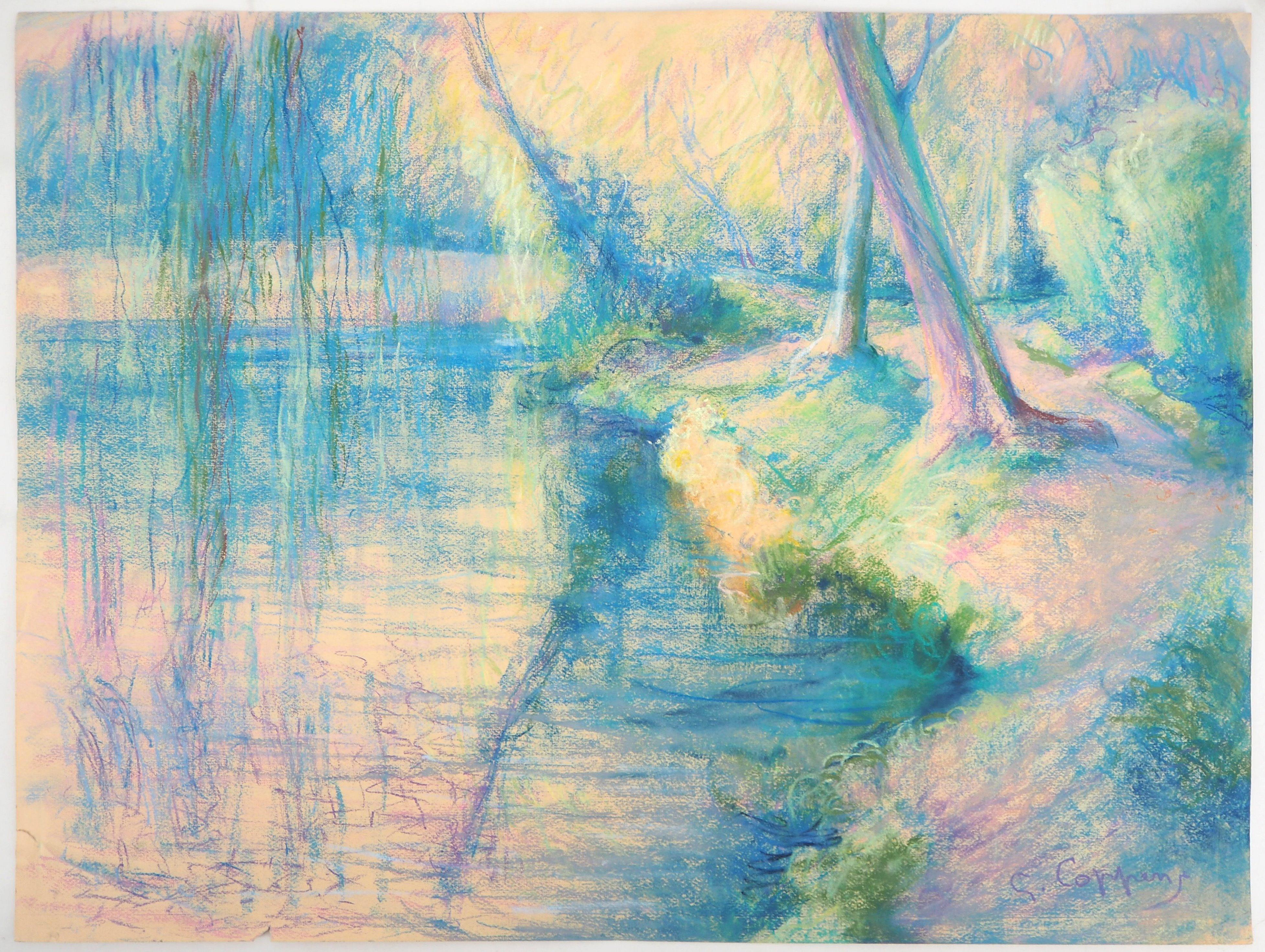 Impressionist Lake - Original Signed Charcoals Drawing For Sale 1