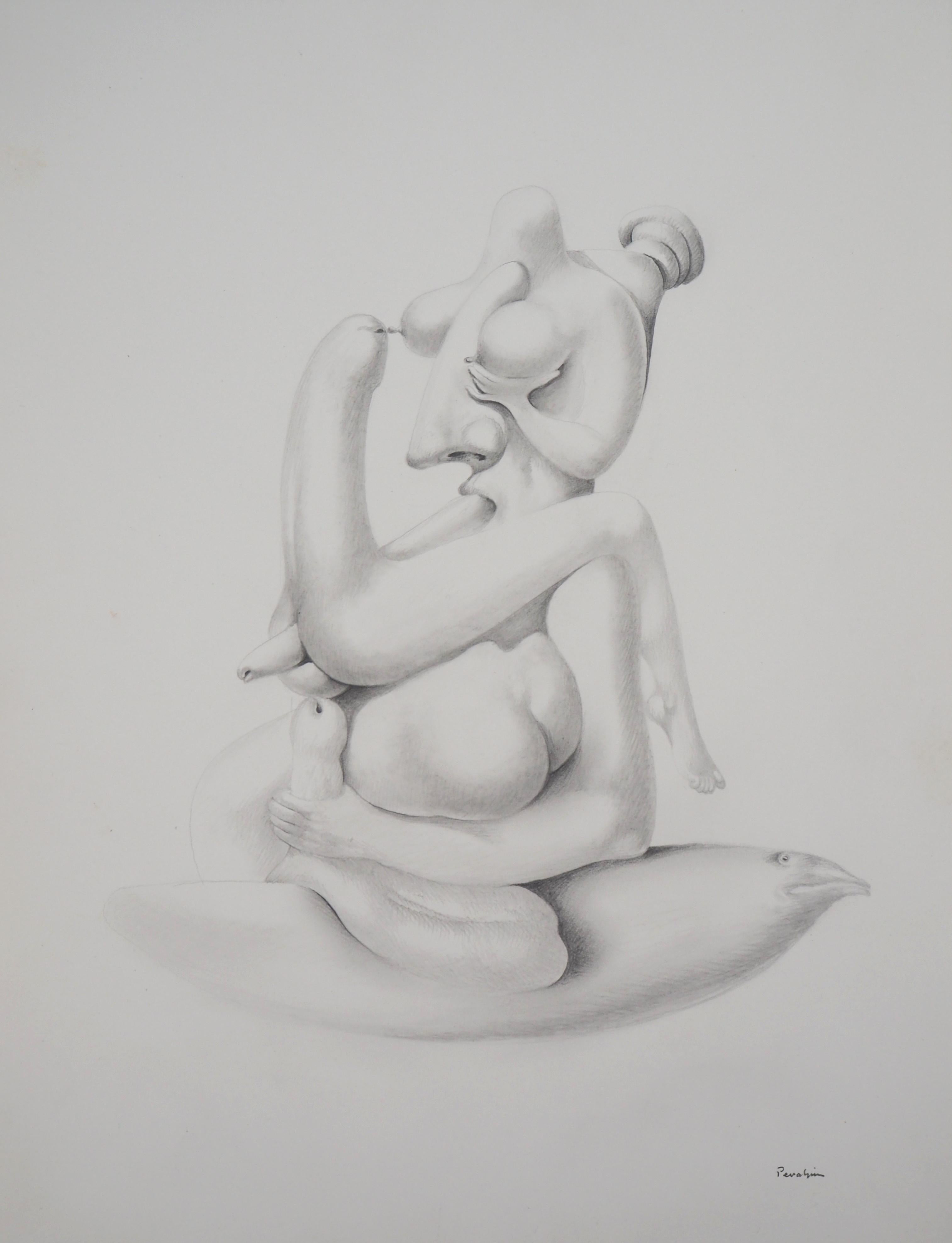Jules PERAHIM Nude - Surrealist Fantasy - Original Pencil Drawing 
