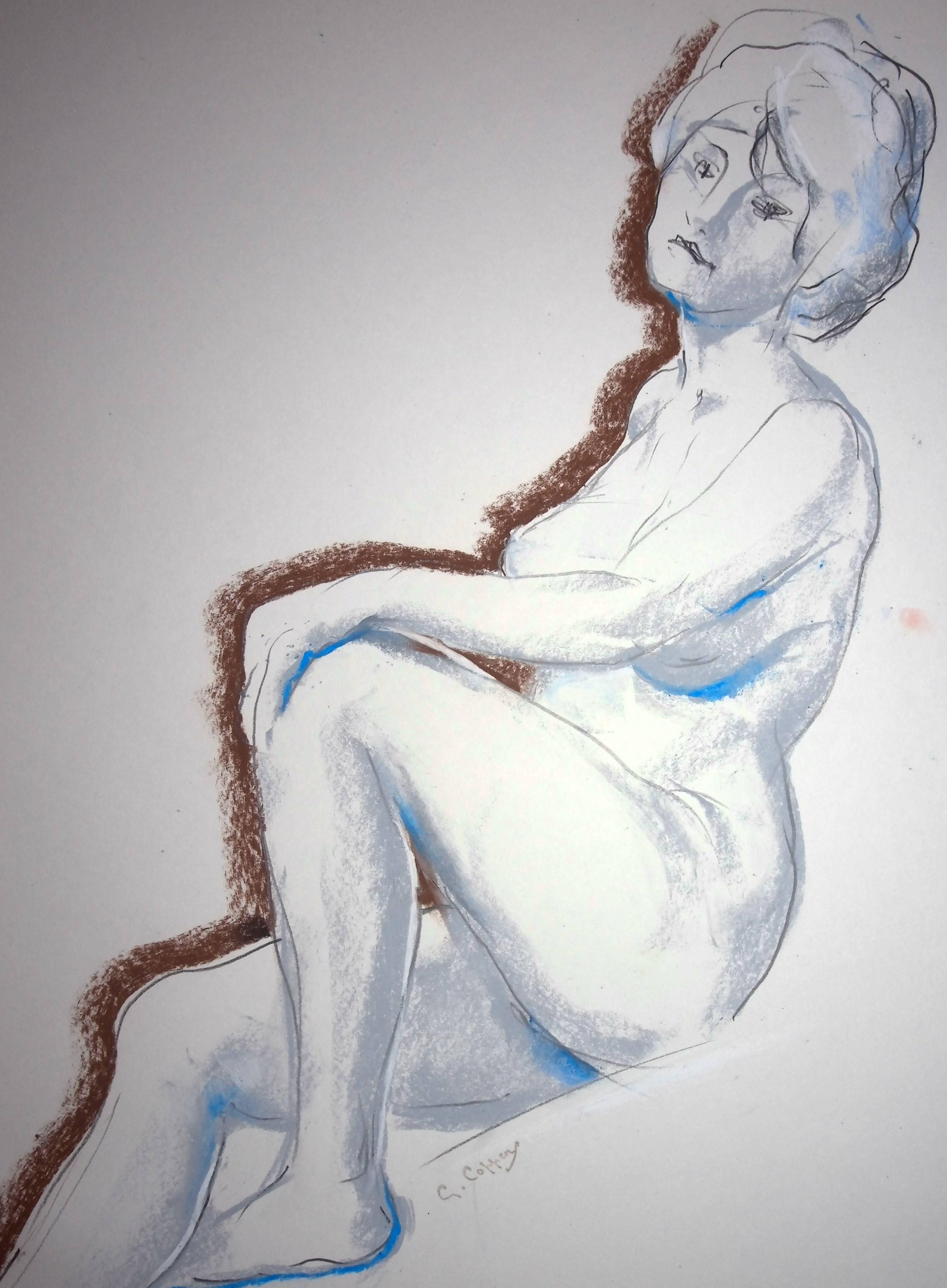 Restendes Modell – signierte Original pastellfarbene Zeichnung – Art von Gaston Coppens