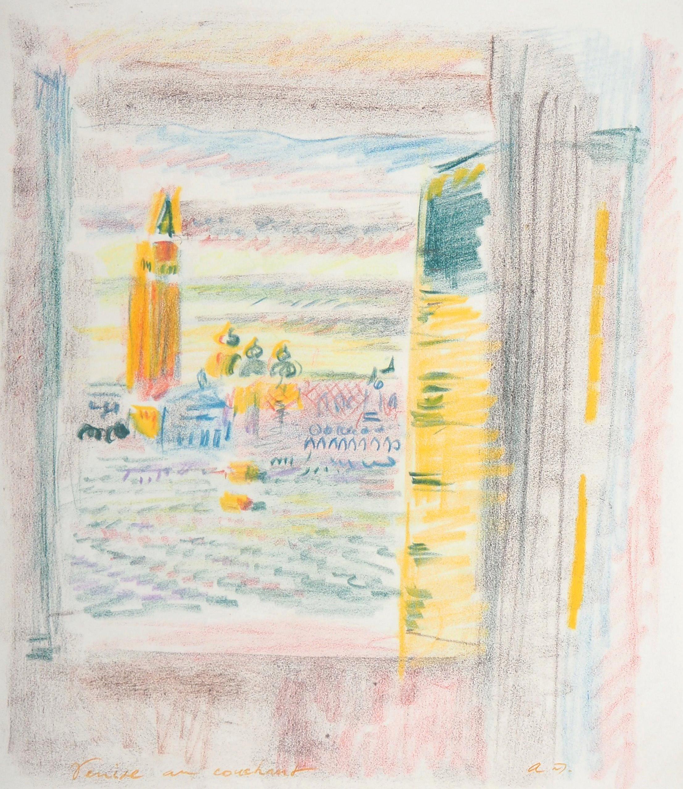 Landscape Art di André Masson - Venezia al tramonto - Disegno originale a pastello firmato a mano