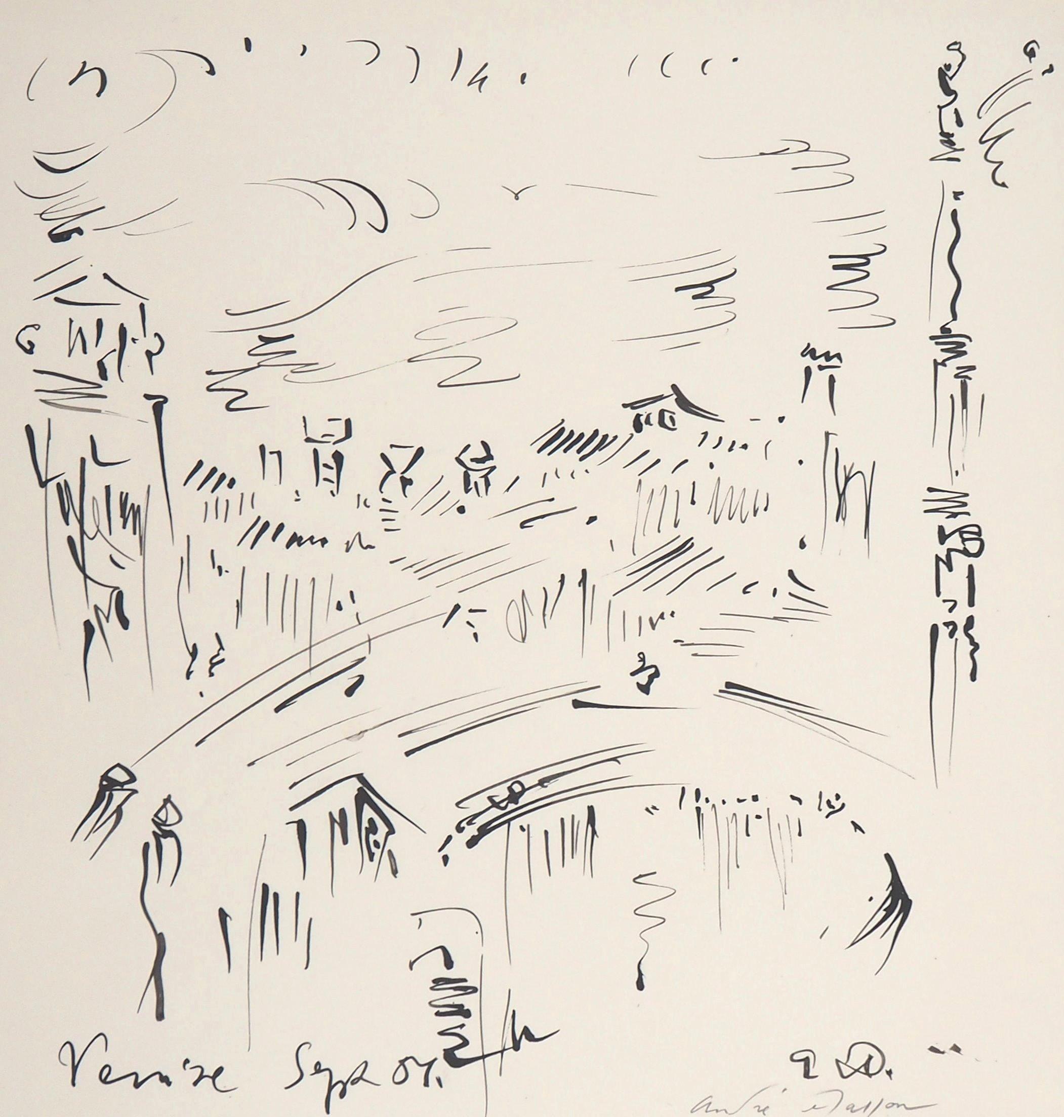 Venezianische Hocker, 1987 - Original handsignierte Tintenzeichnung (Beige), Landscape Art, von André Masson