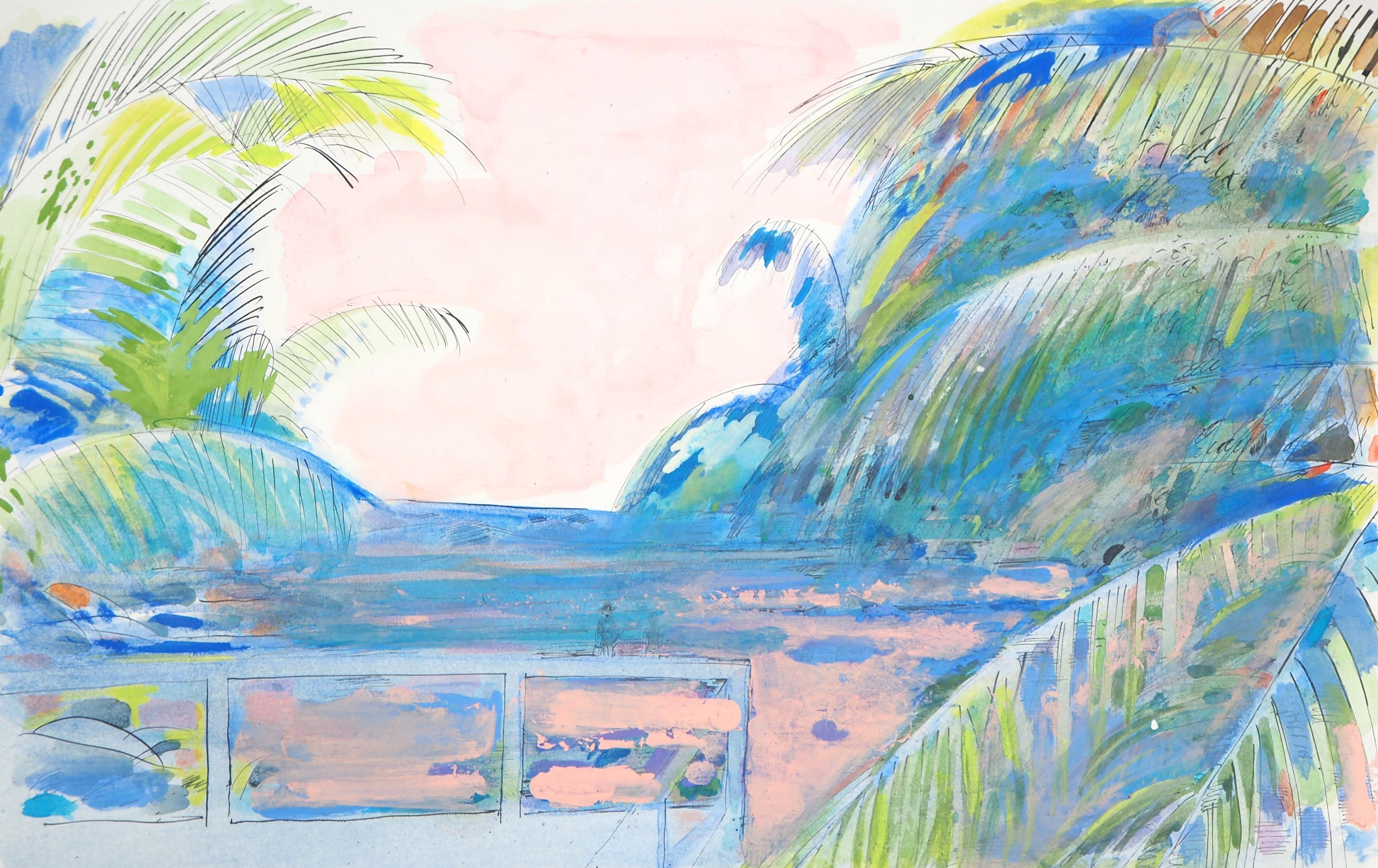 Maurice Genis Landscape Art - Pink Sky on the Beach - Original Handsigned Watercolor, Gouache and Ink Painting