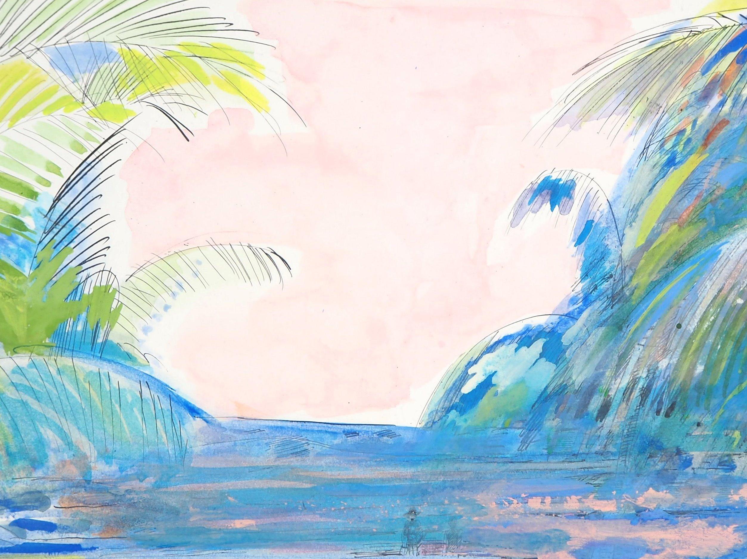 Pink Sky on the Beach - Original Handsigned Watercolor, Gouache and Ink Painting - Impressionist Art by Maurice Genis